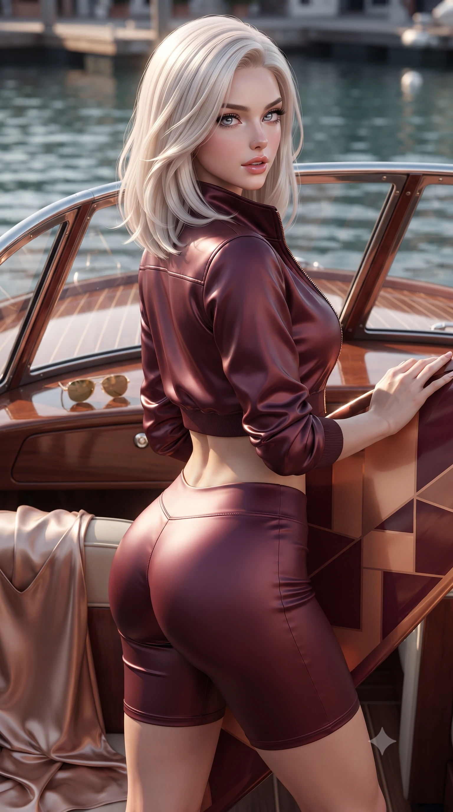 score_9, masterpiece, best quality, ultra-detailed, high-budget anime keyframe, editorial fashion photography, tasteful artistic composition, Caucasian woman. close-up cowboy shot from the waist and thighs up, the character dominates the composition, filling the frame with her large presence. posing in an alluring rear three-quarter angle, looking over a bare shoulder with parted glossy lips, her hips cocked back to highlight her slim hourglass curve while leaning against the polished boat windshield frame with hips cocked back, looking over her shoulder with an intoxicating bedroom-smile. The surrounding environment is rendered in vivid detail and crisp panoramic clarity: detailed silk satin beach slip dress drape, gold sunglasses shine, and classic Italian boatbuilding in high resolution. She has an exceptionally elegant, slender, and willowy female figure with an ultra-slim waist, flat toned midriff, narrow ribcage, and sculpted feminine hips creating an alluring, slim hourglass silhouette without bulk. sharp v-shaped jawline, high-bridge nose, sparkling eyes with hypnotic seductive depth, thick curled eyelashes, glossy parted lips with a natural dewy peach sheen, alluring bedroom-eyes with an enchanting coquettish smile, exuding magnetic siren charisma and sophisticated glamour, flawlessly proportioned anatomical accuracy, strict slender model proportions, natural body alignment, perfectly sculpted long slender limbs, ultra-slim waistline, clean dynamic posture without body distortion. wearing a modern two-piece desert outlaw set featuring a zip-front crop jacket and curve-hugging low-rise biker shorts in smoky bordeaux wine and gilded copper, crafted from fluid liquid silk satin that clings smoothly to every curve with a dewy sheen, accented with a custom high-gloss tinted surfboard held lightly with one hand, the liquid-tight tailored fabric clinging flawlessly to her narrow waist and rounded feminine hips, emphasizing every millimeter of her sculpted slim hourglass curves without any bulky heaviness. illuminated by harbor water specular bounce and sharp warm-gold rim lights sculpting her jawline, flat midriff, and voluptuous hip curves. ultra-reflective glossy finish, specular highlights, rich textural contrasts, high-contrast stereoscopic depth, volumetric dynamic lighting, 2k, ultra detail, master piece, 9:16 ratio