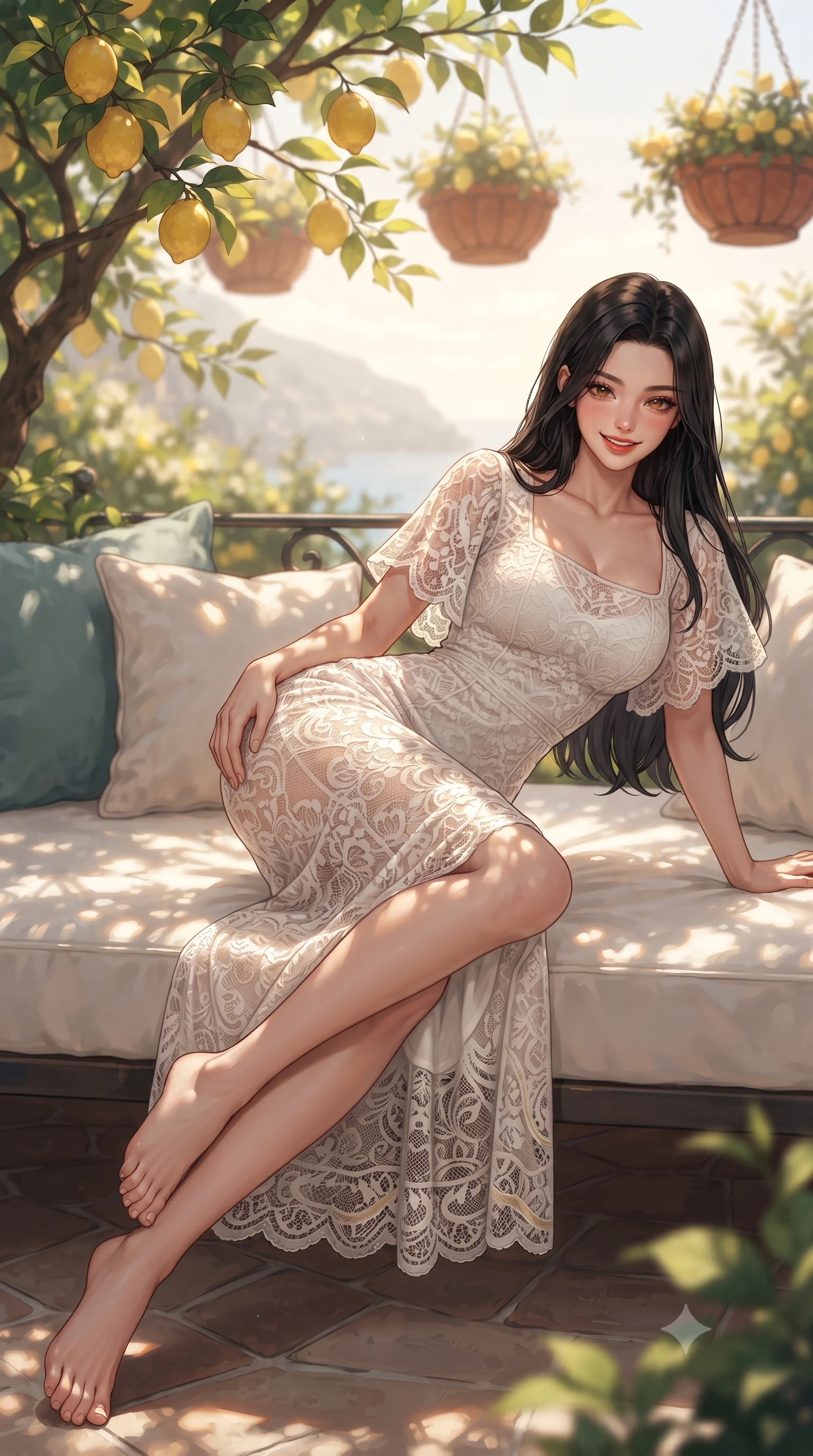 score_9, masterpiece, best quality, ultra-detailed, high-budget anime keyframe, editorial fashion photography, tasteful artistic composition, Korean woman. low angle full-body shot from head to toe showing her feet, filling the entire 9:16 vertical frame with her statuesque presence, stretching her vertical silhouette. reclining languidly on her side across the outdoor daybed with one knee drawn up, her radiant smile and arched hip curve commanding the 9:16 vertical frame with youthful sensual charisma while twisting her slender torso in an alluring S-curve as golden hour sunbeams filter through lush lemon tree leaves, casting warm lace-like shadows on her curvy hips. The composition keeps background elements in soft focus with dreamy creamy bokeh. fragrant lemon branches and hanging terracotta flower planters softened in dreamy Italian coastal shallow focus. She has an exceptionally tall and slender model-like 8.5-heads proportion, an ultra-slim waist, a flat toned midriff, narrow delicate ribcage, and beautifully sculpted feminine hips creating a graceful, slim hourglass silhouette without any bulky heaviness, with impossibly long slender legs. sharp v-shaped jawline, high-bridge nose, sparkling amber-hazel eyes with depth, long lush eyelashes, glossy sun-kissed lips with a warm coral glaze, radiant teasing smile with sensual sunlit bedroom-eyes, exuding effortless old-money elegance and intoxicating sun-drenched allure, flawlessly proportioned anatomical accuracy, strict slender model proportions, natural body alignment, perfectly sculpted long slender limbs, ultra-slim waistline, clean dynamic posture without body distortion. wearing a sheer crochet lace maxi dress layered over a matching silk slip, accentuating her narrow waist and rounded hips in pure alabaster white and molten gold accents, tailored from airy semi-sheer chiffon that flutters gently in the evening breeze, featuring elegant flutter sleeves and a graceful square neckline, the glove-like silhouette tightly following the natural contour of her hips and long slender legs with youthful 8.5-heads elegance. bathed in glorious golden hour Mediterranean sunlight cascading horizontally across the terrace. ultra-reflective glossy finish, specular highlights, rich textural contrasts, high-contrast stereoscopic depth, volumetric dynamic lighting, 2k, ultra detail, master piece, 9:16 ratio