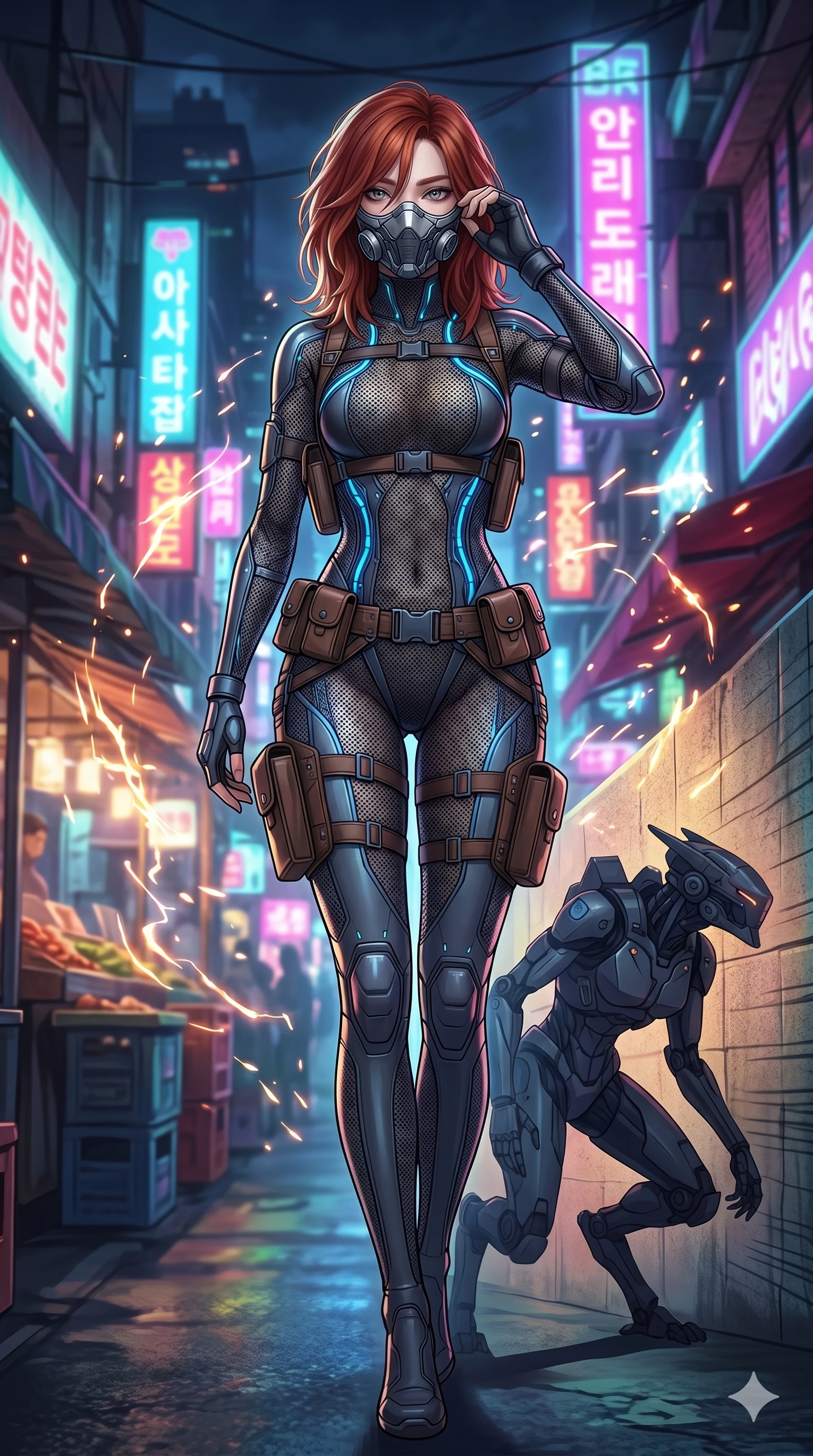 score_9, masterpiece, best quality, ultra-detailed, Set A: High-budget Anime Keyframe, Korean woman. Low angle cowboy shot filling the entire 9:16 frame with her statuesque presence. Adjusting a mask through a futuristic night market, while her shadow mimics the movements of a predator 275 and surrounded by glowing energy sparks. She has an absolutely perfect 8-heads proportion, an exceptionally tall and slender female figure with impossibly long slender legs and an ultra-slim waist. Sharp v-shaped jawline, high-bridge nose, intricate jewel-like eyes with depth, thick eyelashes, glossy lips with a natural sheen. Wearing Tactical mesh bodysuit with integrated glowing data-cables and leather pouches. Cinematic lighting, vibrant colors, dramatic shadows, 2k, ultra detail, master piece, 9:16 ratio