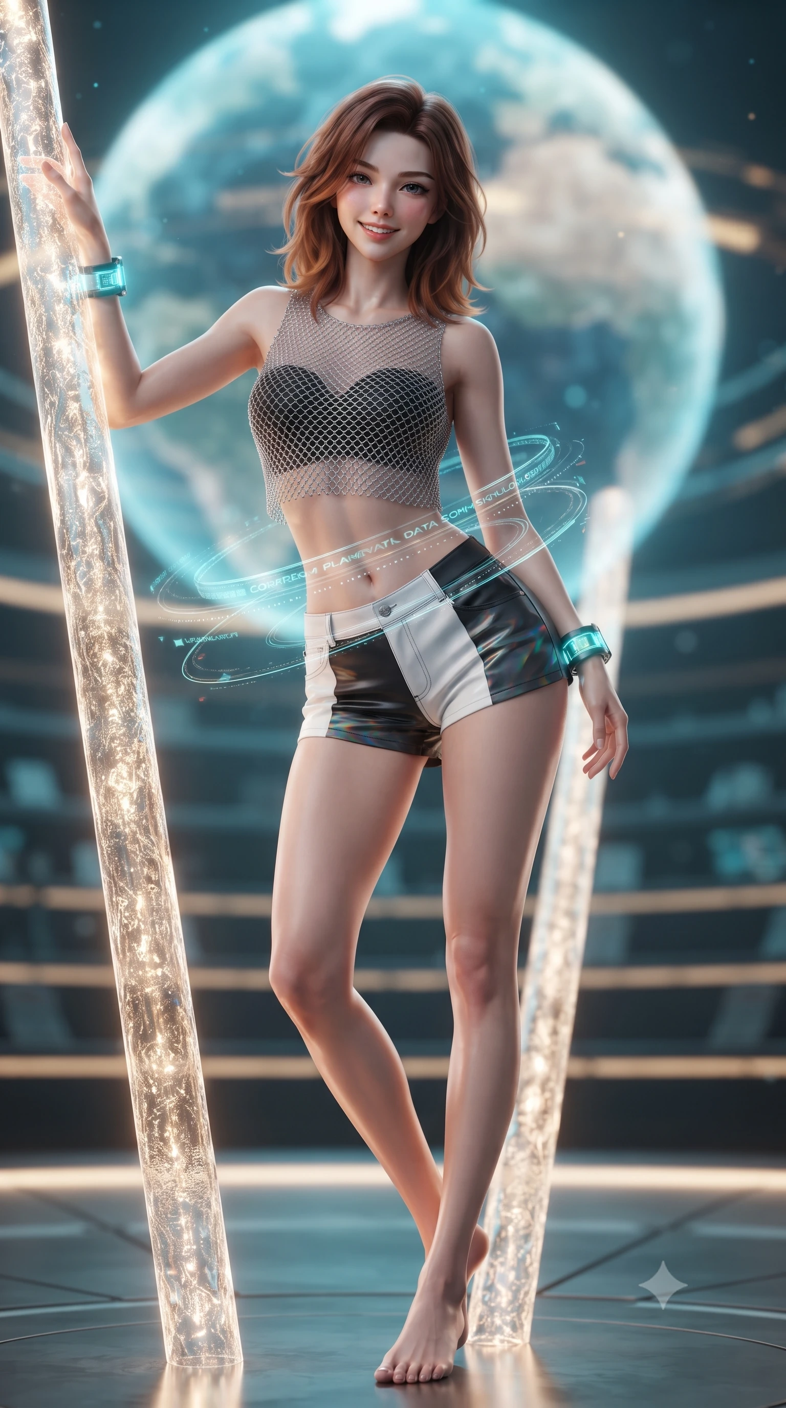 score_9, masterpiece, best quality, ultra-detailed, high-budget anime keyframe, editorial fashion photography, tasteful artistic composition, Korean woman. low angle full-body shot from head to toe showing her feet, filling the entire 9:16 vertical frame with her statuesque presence, stretching her vertical silhouette. leaning deep against the glowing energy conduit with hips cocked back in an unapologetically alluring high-fashion stance, flashing a warm beaming smile while twisting her slender torso in an alluring contrapposto stance, complex planetary data streams wrapping around her narrow waist and hips. The background shows a soft-focus the colossal 30-meter floating holographic globe and concentric council seating tiers blurred into cyan, gold, and obsidian bokeh. She has an absolutely perfect, statuesque 8.5-heads proportion, an exceptionally tall and slender model-like female figure with impossibly long slender legs, an ultra-slim waist, a flat toned midriff, narrow delicate ribcage, and beautifully sculpted feminine hips creating a graceful, slim hourglass silhouette without any bulky heaviness. sharp v-shaped jawline, high-bridge nose, intricate jewel-like sparkling eyes with depth, thick eyelashes, glossy parted lips with a natural sheen, bright confident smile with an enchanting and coquettish sensual glint, exuding both youthful magnetic charm and sovereign high-tech allure, flawlessly proportioned anatomical accuracy, strict slender model proportions, natural body alignment, perfectly sculpted long slender limbs, ultra-slim waistline, clean dynamic posture without body distortion. wearing a delicate silver chainmail mesh crop top layered over a sculpted matte black bandeau with low-rise combat shorts in dual-tone high-contrast monochrome black and stark white, woven from layered gossamer holographic organza casting chromatic prism reflections, featuring sleek glowing cyan HUD display wrist cuffs with floating data telemetry, the liquid-tight tailored fabric clinging flawlessly to her narrow waist and rounded feminine hips, emphasizing every millimeter of her sculpted slim hourglass curves without any bulky heaviness. illuminated by under-floor uplighting and sharp champagne rim lighting sculpting her razor-sharp jawline, narrow waist, and curvy hips. ultra-reflective glossy finish, specular highlights, rich textural contrasts, high-contrast stereoscopic depth, volumetric dynamic lighting, 2k, ultra detail, master piece, 9:16 ratio