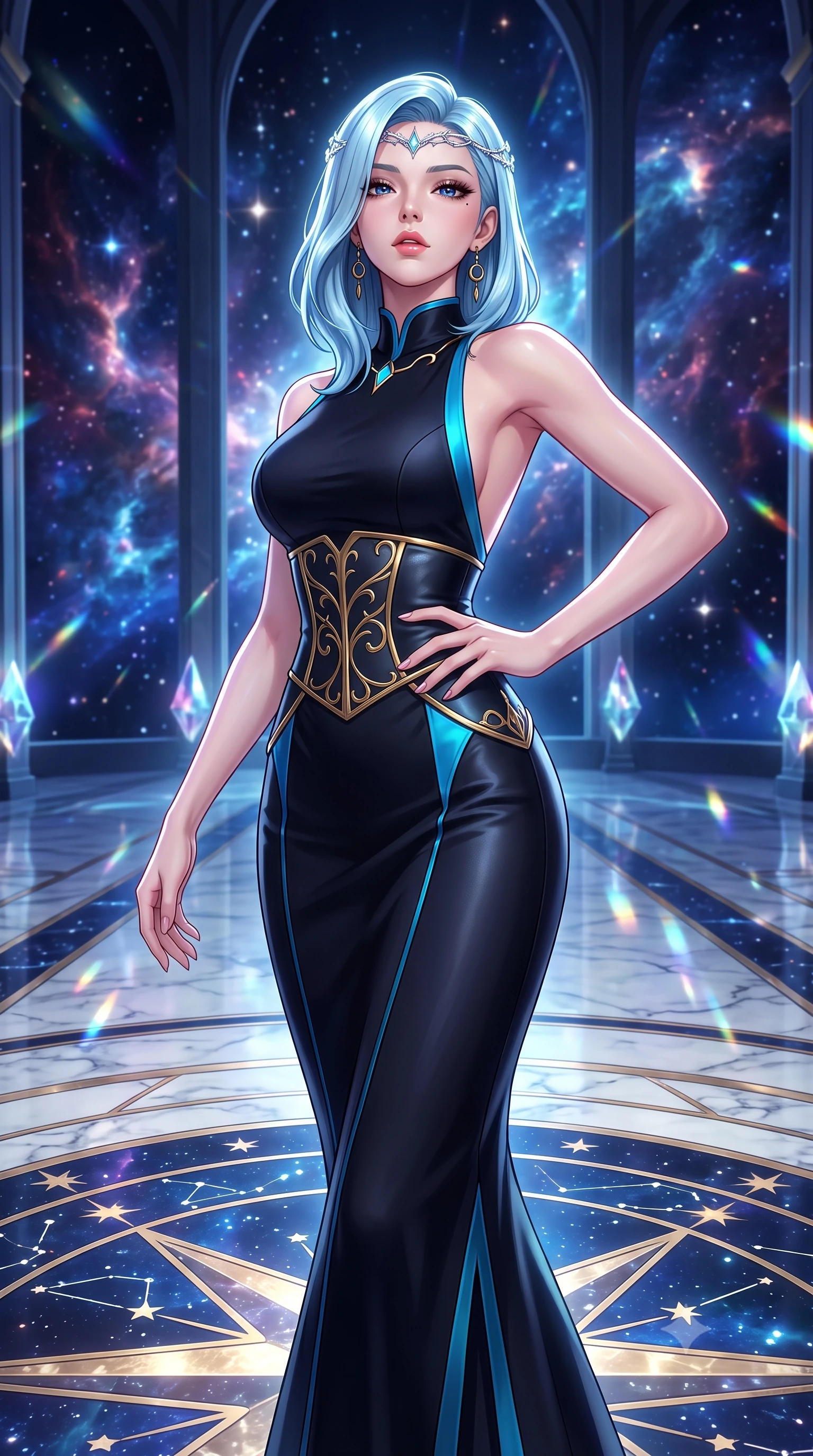 score_9, masterpiece, best quality, ultra-detailed, high-budget anime keyframe, semi-realistic 3D game render, editorial fashion photography, tasteful artistic composition, Korean woman. close-up cowboy shot from the waist and thighs up, the character dominates the composition, filling the frame with her large presence. tilting her chin up with proud, sovereign allure while gazing through thick eyelashes, one hand resting on her waist in pure supermodel charisma while striding across the illuminated marble star-chart floor, hips swaying with sovereign cosmic empress charisma. The surrounding environment is rendered in vivid detail and crisp panoramic clarity. detailed deep-space nebula filaments, crystal prism reflections, and marble floor inlay in high clarity. She has an exceptionally elegant, slender, and willowy female figure with an ultra-slim waist, a gracefully sculpted slender torso, toned flat midriff, and rounded feminine hips creating an alluring hourglass silhouette. sharp v-shaped jawline, high-bridge nose, intricate jewel-like eyes with depth, thick eyelashes, glossy parted lips with a natural sheen, intensely captivating and seductive bedroom-eyes expression, flawlessly proportioned anatomical accuracy, strict slender model proportions, natural body alignment, perfectly sculpted long slender limbs, ultra-slim waistline, clean dynamic posture without body distortion. wearing a sleek obsidian column dress with gold filigree hip cincher and plunging backline in electric cyan and deep interstellar black, crafted from second-skin supple lambskin leather with specular sheen, accessorized with a delicate crystal circlet and celestial brass drop earrings, the liquid-tight tailored fabric clinging flawlessly to her narrow waist and rounded feminine hips, emphasizing every millimeter of her sculpted hourglass curves during movement. surrounded by a celestial, immortal, and deeply hypnotic cosmos sovereign aura. highly saturated vibrant anime colors, detailed shading with soft gradients, rich glossy textures, high-contrast stereoscopic depth, volumetric dynamic lighting, master piece, 9:16 ratio