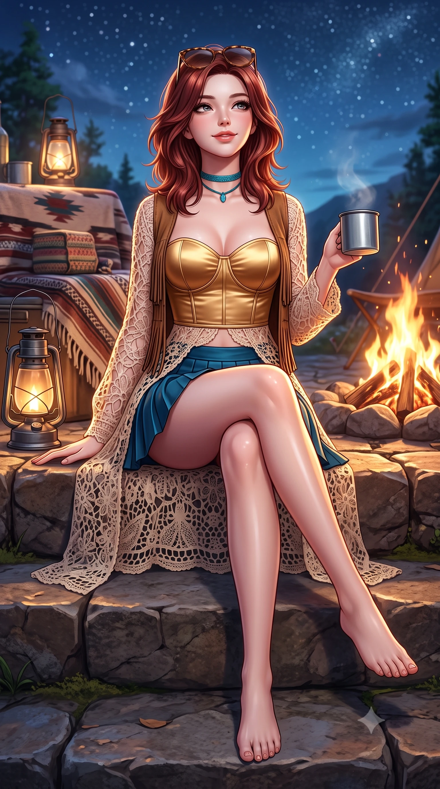score_9, masterpiece, best quality, ultra-detailed, high-budget anime keyframe, semi-realistic 3D game render, editorial fashion photography, tasteful artistic composition, Korean woman. low angle full-body shot from head to toe showing her feet, filling the entire 9:16 vertical frame with her statuesque presence, stretching her vertical silhouette. sitting poised on the stone steps with one knee bent, arching her spine with supermodel elegance as she glances upward through thick eyelashes while lounging in a vintage butterfly leather chair by the fire, holding a tin mug with effortless coquettish charm and bedroom-eyes. The surrounding environment is rendered in vivid detail and crisp panoramic clarity: detailed fringe suede vest texture, turquoise choker gleam, and vintage camping aesthetics in razor-sharp precision. She has an absolutely perfect, statuesque 8.5-heads proportion, an exceptionally tall and slender model-like female figure with impossibly long slender legs, an ultra-slim waist, a flat toned midriff, narrow delicate ribcage, and beautifully sculpted feminine hips creating a graceful, slim hourglass silhouette without any bulky heaviness. sharp v-shaped jawline, high-bridge nose, sparkling eyes with hypnotic seductive depth, thick curled eyelashes, glossy parted lips with a natural dewy peach sheen, alluring bedroom-eyes with an enchanting coquettish smile, exuding magnetic siren charisma and sophisticated glamour, flawlessly proportioned anatomical accuracy, strict slender model proportions, natural body alignment, perfectly sculpted long slender limbs, ultra-slim waistline, clean dynamic posture without body distortion. wearing a strapless boned satin bustier paired with a micro-pleated tennis-style resort skirt framing her hourglass hips in molten liquid gold and deep ocean sapphire, made of delicate semi-sheer crochet lace with intricate openwork floral knit, complemented by oversized designer tortoiseshell sunglasses resting atop her head, the glove-like clinging cut tightly following the natural contour of her hips and long slender legs with youthful 8.5-heads elegance. bathed in the flickering warm orange glow of the campfire combined with cool celestial starlight fill. highly saturated vibrant anime colors, detailed shading with soft gradients, rich glossy textures, high-contrast stereoscopic depth, volumetric dynamic lighting, master piece, 9:16 ratio