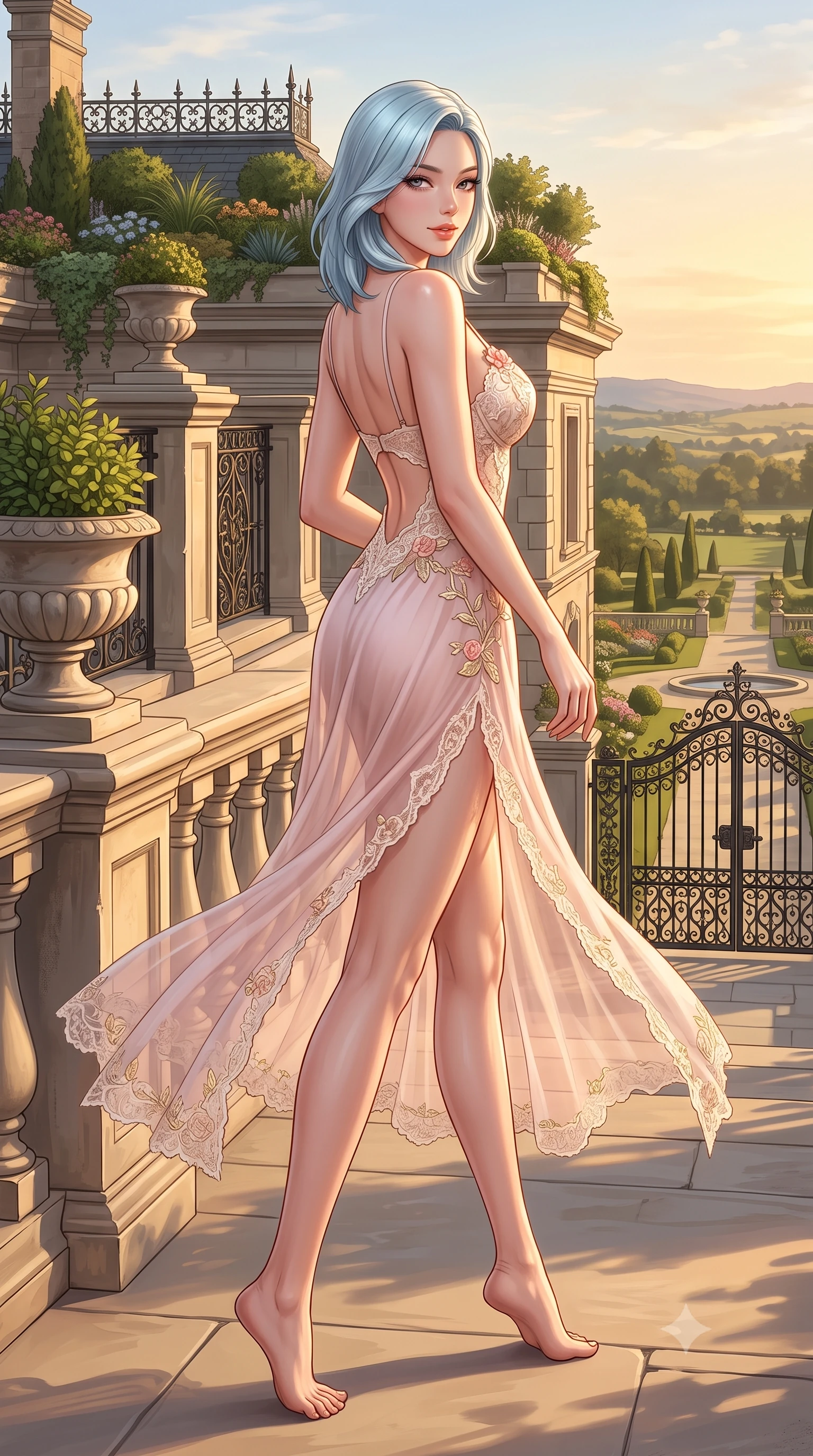 score_9, masterpiece, best quality, ultra-detailed, high-budget anime keyframe, semi-realistic 3D game render, editorial fashion photography, tasteful artistic composition, Korean woman. low angle full-body shot from head to toe showing her feet, filling the entire 9:16 vertical frame with her statuesque presence, stretching her vertical silhouette. walking along the terrace with poise, looking back over her bare shoulder with an irresistible smoldering bedroom-gaze while twisting her slender torso in an alluring contrapposto stance, sunset breezes fluttering her sheer skirt around her long slender legs and curvy hips. The surrounding environment is rendered in vivid detail and crisp panoramic clarity: detailed lace corset bodice drape, sun-kissed skin highlights, and country estate architecture in razor-sharp precision. She has an absolutely perfect, statuesque 8.5-heads proportion, an exceptionally tall and slender model-like female figure with impossibly long slender legs, an ultra-slim waist, a flat toned midriff, narrow delicate ribcage, and beautifully sculpted feminine hips creating a graceful, slim hourglass silhouette without any bulky heaviness. sharp v-shaped jawline, high-bridge nose, sparkling eyes with hypnotic seductive depth, thick curled eyelashes, glossy parted lips with a natural dewy peach sheen, alluring bedroom-eyes with an enchanting coquettish smile, exuding magnetic siren charisma and sophisticated glamour, flawlessly proportioned anatomical accuracy, strict slender model proportions, natural body alignment, perfectly sculpted long slender limbs, ultra-slim waistline, clean dynamic posture without body distortion. wearing a form-contouring gossamer silk chiffon slip dress with a hip-high slit and open back, clinging smoothly with dewy moisture in delicate blush peony pink and antique white lace with gold leaf, made of delicate semi-sheer French Chantilly lace with intricate eyelash edges, finished with delicate floral vine embroidery tracing along her sweetheart neckline with intimate elegance, the liquid-tight tailored fabric clinging flawlessly to her narrow waist and rounded feminine hips, emphasizing every millimeter of her sculpted slim hourglass curves without any bulky heaviness. bathed in rich golden hour sunset illumination washing horizontally across the rooftop garden. highly saturated vibrant anime colors, detailed shading with soft gradients, rich glossy textures, high-contrast stereoscopic depth, volumetric dynamic lighting, master piece, 9:16 ratio