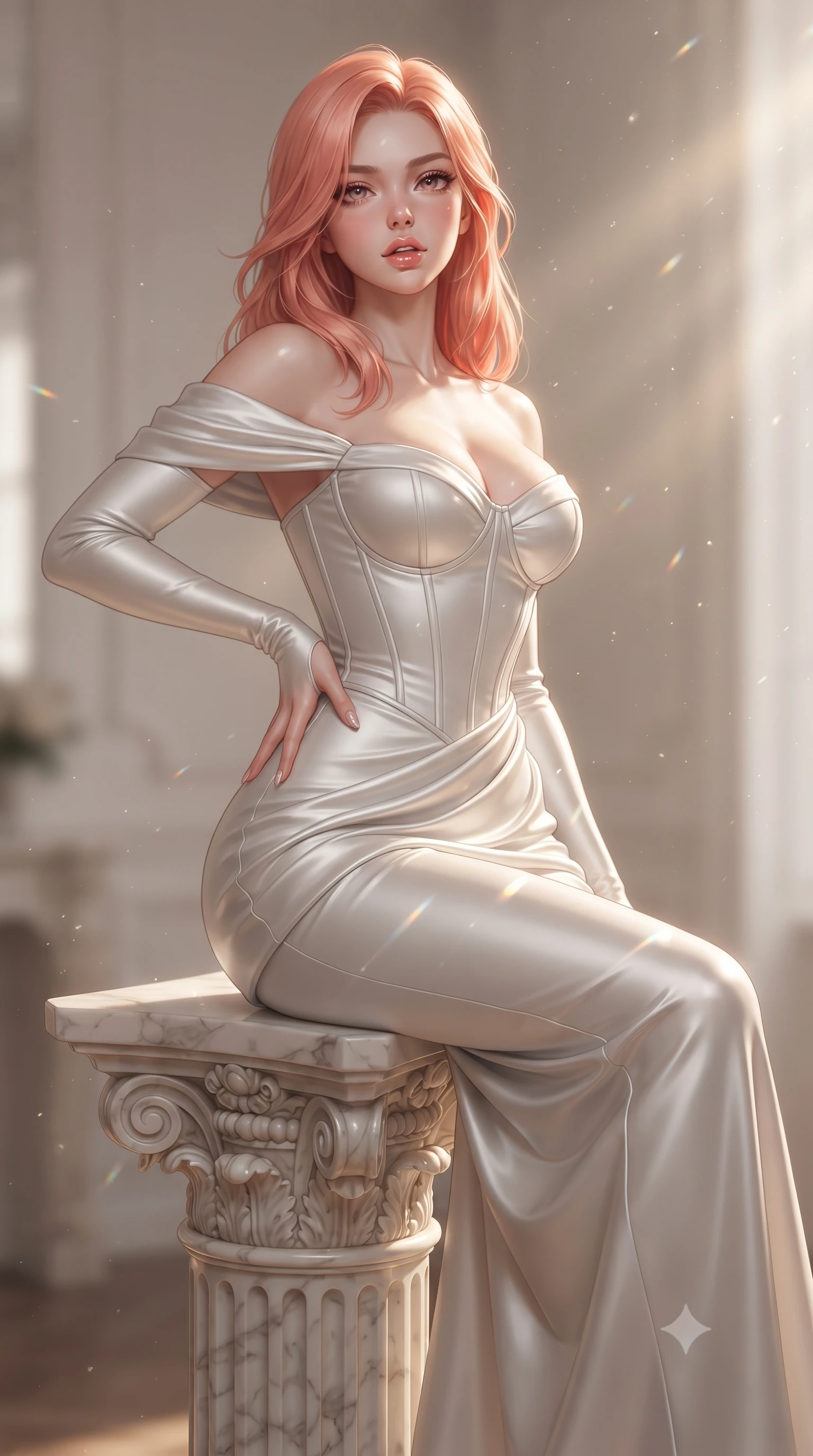 score_9, masterpiece, best quality, ultra-detailed, high-budget anime keyframe, editorial fashion photography, tasteful artistic composition, Japanese woman. close-up cowboy shot from the waist and thighs up, the character dominates the composition, filling the frame with her large presence. resting one manicured hand delicately on her hip bone, her upper body turning in a fluid, seductive S-curve while parted lips glisten in the light while perching on a classical marble pedestal with back arched like a Renaissance sculpture, hips tilted in a dramatic contrapposto pose. The composition keeps background elements in soft focus with creamy bokeh. refracted afternoon sunbeams and floating dust motes scattering timeless radiant light across the salon. She has an exceptionally elegant, slender, and willowy female figure with an ultra-slim waist, a gracefully sculpted slender torso, toned flat midriff, and rounded feminine hips creating an alluring hourglass silhouette. sharp v-shaped jawline, high-bridge nose, intricate jewel-like eyes with depth, thick eyelashes, glossy parted lips with a natural sheen, intensely captivating and seductive bedroom-eyes expression, flawlessly proportioned anatomical accuracy, strict slender model proportions, natural body alignment, perfectly sculpted long slender limbs, ultra-slim waistline, clean dynamic posture without body distortion. wearing a statuesque off-shoulder duchess satin atelier dress with a boned corset bodice and bodycon fit in pearlescent stone white and soft silver, made of seamless compression knit with anatomical body-contouring support, finished with fluid drapery folds cascading gracefully from her hip line to the floor, the glove-like aerodynamic silhouette tightly following the natural contour of her hips and long slender legs with statuesque precision. illuminated by crisp sculptural key lighting carving her narrow waist, curved hips, and statuesque limbs. ultra-reflective glossy finish, specular highlights, rich textural contrasts, high-contrast stereoscopic depth, volumetric dynamic lighting, 2k, ultra detail, master piece, 9:16 ratio