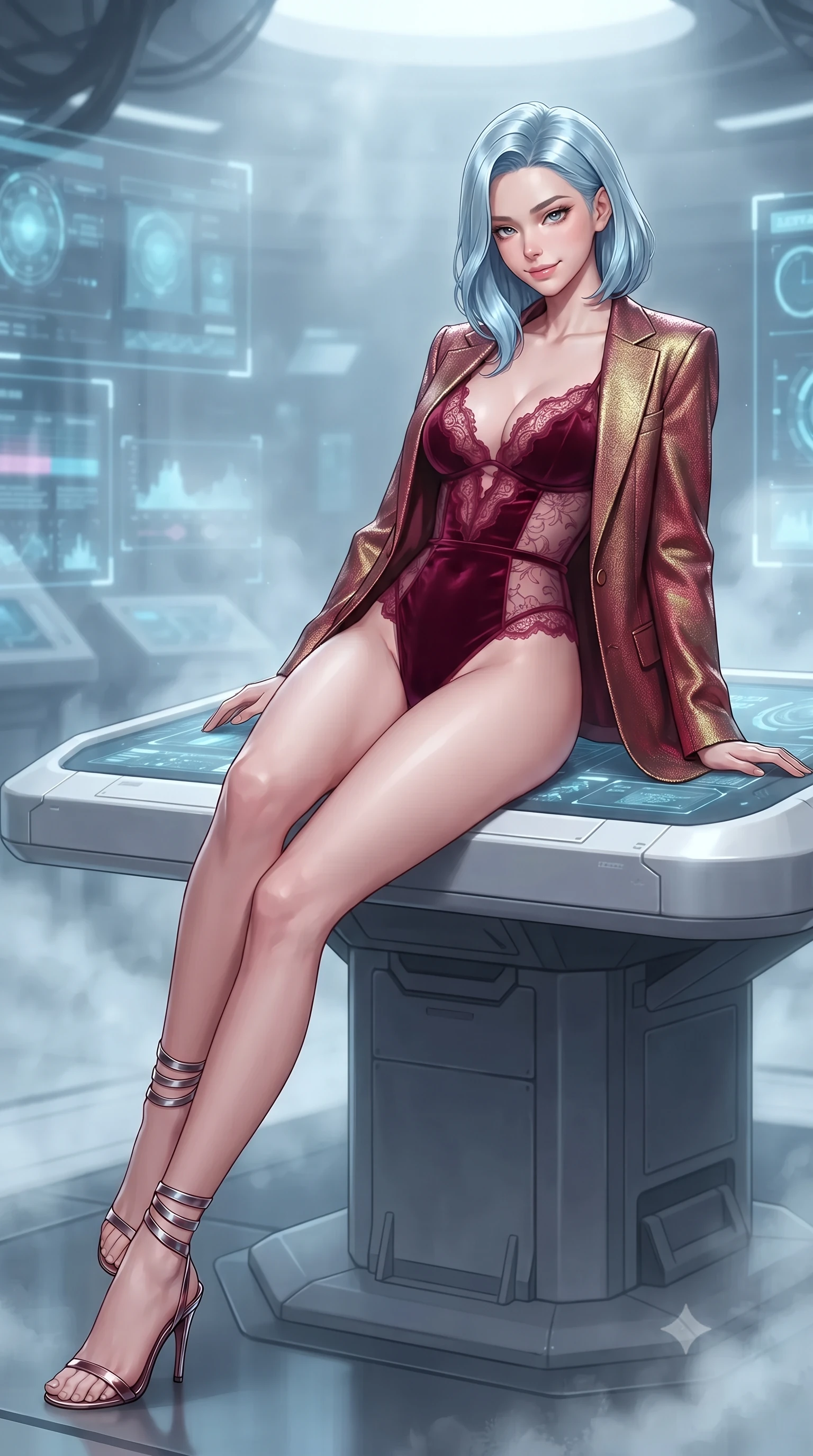 score_9, masterpiece, best quality, ultra-detailed, high-budget anime keyframe, editorial fashion photography, tasteful artistic composition, Korean woman. close-up cowboy shot from the waist and thighs up, the character dominates the composition, filling the frame with her large presence. tilting her head with a teasing half-smile, running one hand slowly down the side of her hip in a flirtatious S-curve as ambient light caresses her silhouette while lounging gracefully against the central diagnostic console propped on one elbow with legs extended, displaying her long slender limbs and statuesque hourglass silhouette. The background shows a soft-focus frosty nitrogen vapor softened in subterranean quantum core vault shallow focus. She has an exceptionally elegant, slender, and willowy female figure with an ultra-slim waist, flat toned midriff, narrow ribcage, and sculpted feminine hips creating an alluring, slim hourglass silhouette without bulk. sharp v-shaped jawline, high-bridge nose, intricate jewel-like sparkling eyes with depth, thick eyelashes, glossy parted lips with a natural peach sheen, bright cheerful beaming smile with an enchanting and coquettish sensual glint, exuding both youthful cute charm and seductive allure, flawlessly proportioned anatomical accuracy, strict slender model proportions, natural body alignment, perfectly sculpted long slender limbs, ultra-slim waistline, clean dynamic posture without body distortion. wearing a delicate sheer French Chantilly lace teddy layered under an open tailored metallic blazer draped over bare shoulders in Cyber-Baroque gilded gold and royal crimson velvet, tailored from high-density tech-wool with subtle metallic thread weave, complemented by strappy stiletto sandals with metallic ankle wraps accentuating her slender calves, the form-contouring silhouette accentuating her sculpted flat midriff, narrow delicate ribcage, and gracefully curvy hips with intoxicating allure. illuminated by glass gantry reflection bounce and sharp laser-cyan rim lights defining her razor-sharp jawline, narrow waist, and curvy hips. ultra-reflective glossy finish, specular highlights, rich textural contrasts, high-contrast stereoscopic depth, volumetric dynamic lighting, 2k, ultra detail, master piece, 9:16 ratio