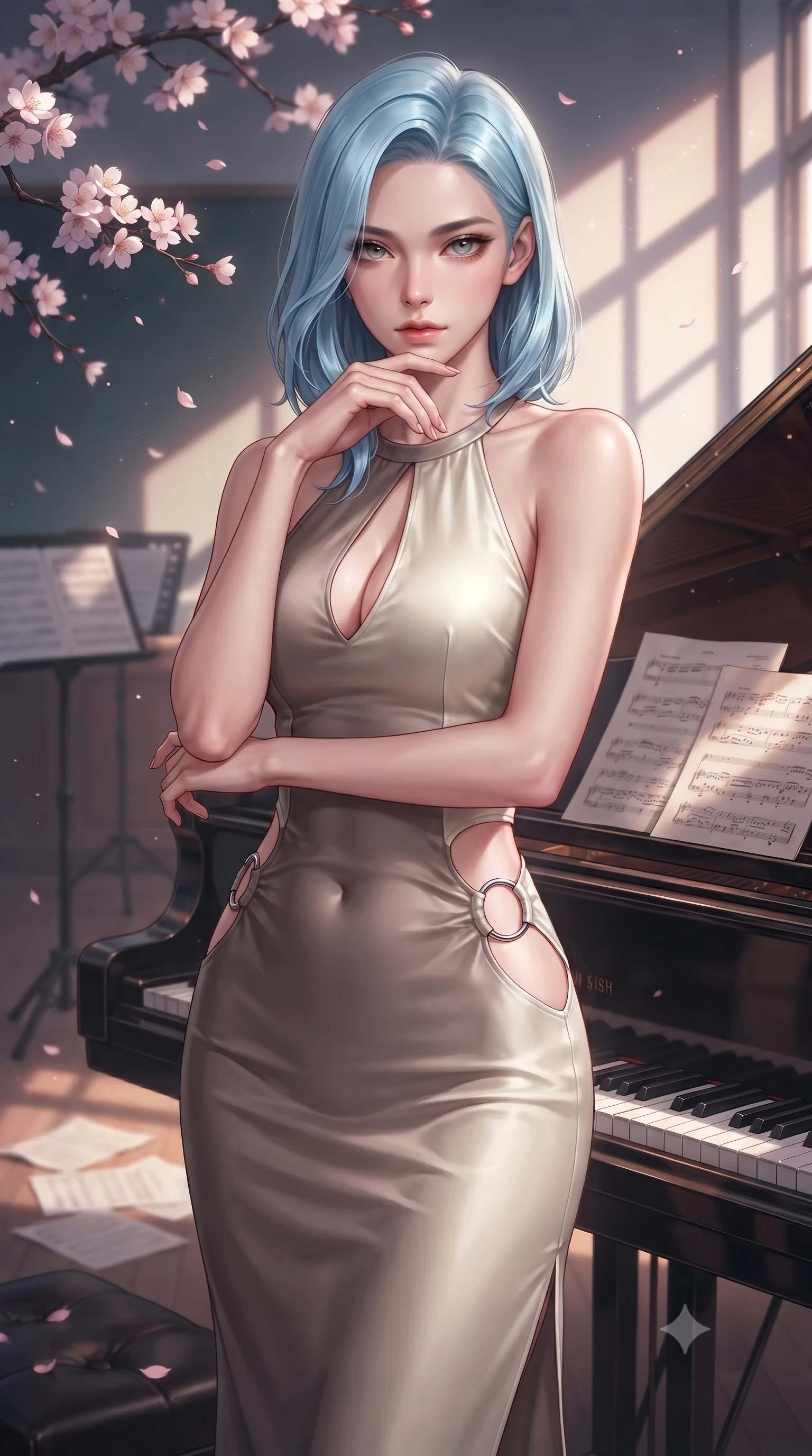 score_9, masterpiece, best quality, ultra-detailed, high-budget anime keyframe, editorial fashion photography, tasteful artistic composition, Korean woman. close-up cowboy shot from the waist and thighs up, the character dominates the composition, filling the frame with her large presence, background elements kept in soft focus. Resting her chin on the backs of her fingers, casting a sharp, mysterious gaze poised beside an antique grand piano in an empty music classroom at dusk, golden hour sunbeams casting dramatic fence grid shadows on the roof deck. She has an exceptionally elegant, slender, and willowy female figure with an ultra-slim waist, a gracefully sculpted slender torso, and a refined silhouette. sharp v-shaped jawline, high-bridge nose, intricate jewel-like eyes with depth, thick eyelashes, glossy lips with a natural sheen. wearing a deep-scoop halter bodycon dress with hip cutouts connected by silver rings in muted taupe and soft ivory, crafted from smooth liquid silk, accented with a Tasteful chest slit framing her clavicle gracefully, the form-contouring material highlighting her ultra-slim waist and long lines. illuminated by soft glowing evening sunbeams filtering through sakura branches. highly saturated vibrant anime colors, detailed shading with soft gradients, rich glossy textures, high-contrast stereoscopic depth, volumetric dynamic lighting, master piece, 9:16 ratio