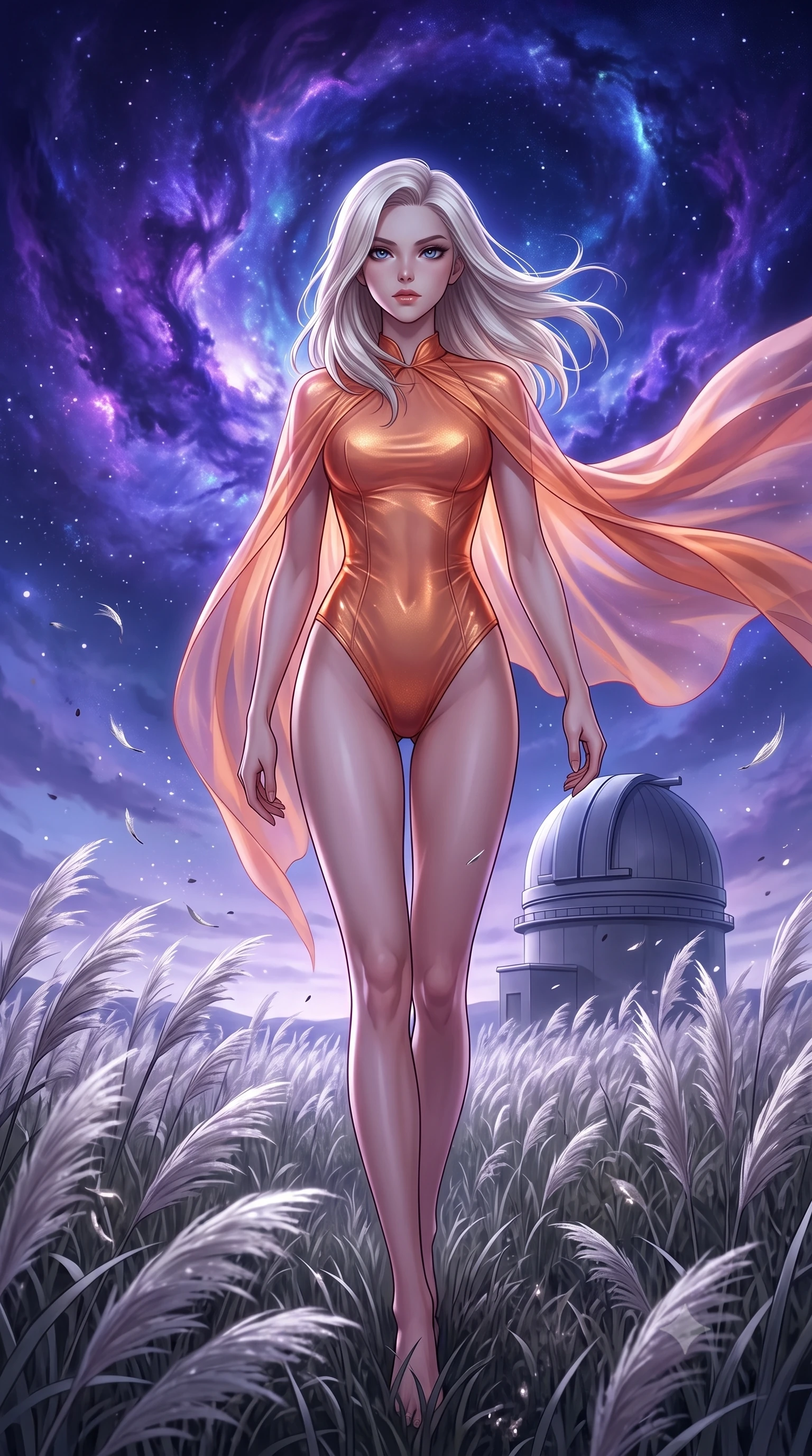 score_9, masterpiece, best quality, ultra-detailed, High-budget Anime Keyframe, Caucasian woman, strictly human ears. Low angle cowboy shot filling the entire 9:16 frame with her statuesque presence. Scenario 543: walking through a field of tall silver grass at a high-altitude observatory dome under a swirling violet nebula. Her presence is magnetic and overpowering in this high-budget anime scene. Outfit 543: a form-contouring sunset orange sheer organza bodysuit draped with a semi-transparent chiffon cape. The clothing is designed to emphasize her exceptionally tall and slender 8-heads proportion. 8-heads proportion, towering silhouette, ultra-slim waist. sharp v-shaped jawline, intricate jewel-like eyes with depth, thick eyelashes, glossy lips. 2k, ultra detail, master piece, 9:16 ratio