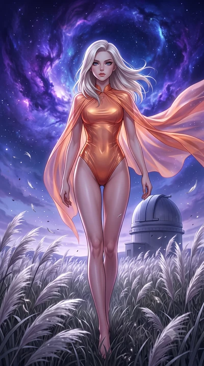 score_9, masterpiece, best quality, ultra-detailed, High-budget Anime Keyframe, Caucasian woman, strictly human ears. Low angle cowboy shot filling the entire 9:16 frame with her statuesque presence. Scenario 543: walking through a field of tall silv