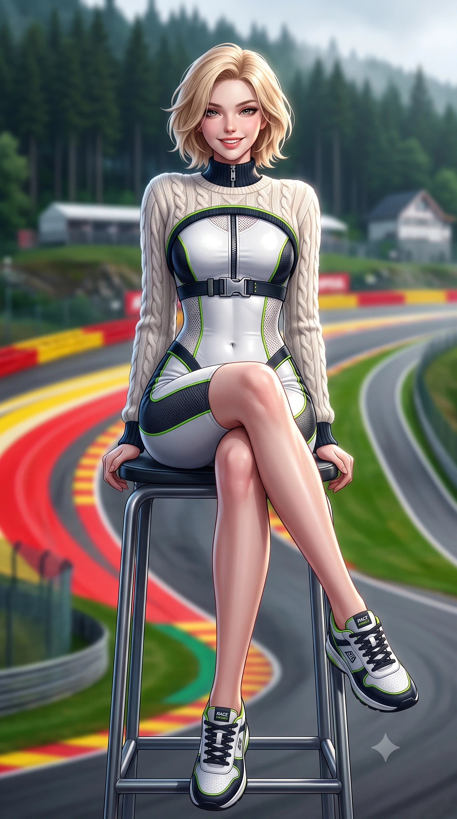 score_9, masterpiece, best quality, ultra-detailed, high-budget anime keyframe, semi-realistic 3D game render, editorial fashion photography, tasteful artistic composition, Caucasian woman. low angle full-body shot from head to toe showing her feet, filling the entire 9:16 vertical frame with her statuesque presence, stretching her vertical silhouette. sitting perched on the elevated umpire chair with legs crossed and hips angled toward the camera, displaying her toned midriff and long slender limbs with joyful, coquettish charm while lounging in a heated team hospitality booth with one knee drawn up, her sleek racing outfit commanding the misty Belgian forest circuit. The background shows a soft-focus the iconic curving red-and-yellow Eau Rouge curbs and towering pine-covered Ardennes hills blurred into forest green, crimson, and mist bokeh. She has an absolutely perfect, statuesque 8.5-heads proportion, an exceptionally tall and slender model-like female figure with impossibly long slender legs, an ultra-slim waist, a flat toned midriff, narrow delicate ribcage, and beautifully sculpted feminine hips creating a graceful, slim hourglass silhouette without any bulky heaviness. sharp v-shaped jawline, high-bridge nose, sparkling eyes with athletic focus and depth, thick curled eyelashes, glossy parted lips with a natural coral-peach sheen, bright confident and coquettish smile with alluring bedroom-eyes, exuding both youthful sporty vigor and sovereign high-society glamour, flawlessly proportioned anatomical accuracy, strict slender model proportions, natural body alignment, perfectly sculpted long slender limbs, ultra-slim waistline, clean dynamic posture without body distortion. wearing a luxurious cashmere cable-knit tennis sweater draped over a liquid-tight white leather racerback bodysuit in deep midnight carbon and luminous lime green piping, woven from semi-opaque performance athletic mesh with hexagonal micro-perforations, finished with polished chrome zipper pulls and racing harness buckle hardware, the liquid-tight tailored fabric clinging flawlessly to her narrow waist and rounded feminine hips, emphasizing every millimeter of her sculpted slim hourglass curves without any bulky heaviness. illuminated by track reflections and sharp crystalline rim lights carving her razor-sharp jawline, narrow waist, and curvy hips. highly saturated vibrant anime colors, detailed shading with soft gradients, rich glossy textures, high-contrast stereoscopic depth, volumetric dynamic lighting, master piece, 9:16 ratio