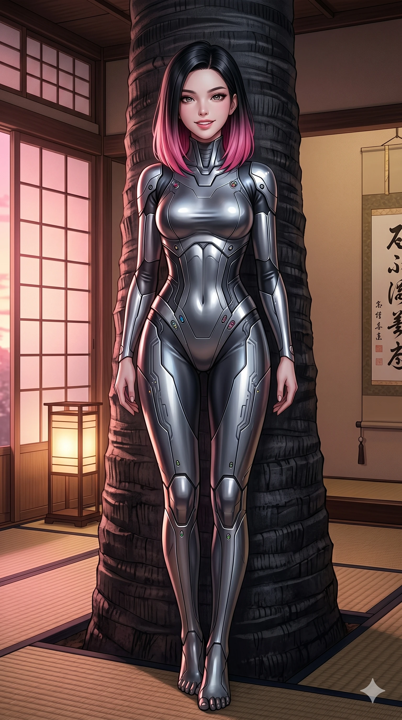 score_9, masterpiece, best quality, ultra-detailed, high-budget anime keyframe, editorial fashion photography, tasteful artistic composition, Korean woman. cowboy shot from the thighs up, character and outfit filling the frame for maximum editorial presence. leaning back against a massive palm trunk, her lips parted in a confident smile inside a traditional tatami room (Code-P17-120). She has an absolutely perfect 8-heads proportion, an exceptionally tall and slender female figure with impossibly long slender legs and an ultra-slim waist. V-shaped jawline, high-bridge nose, intricate jewel-like eyes with depth, thick eyelashes, glossy lips with a natural sheen. wearing a metallic sleek form-fitting suit with sculpted waistline and elegant neck. soft pink sunset glow mixed with warm lantern light, tracing her jawline and lips. 2k, ultra detail, master piece, 9:16 ratio