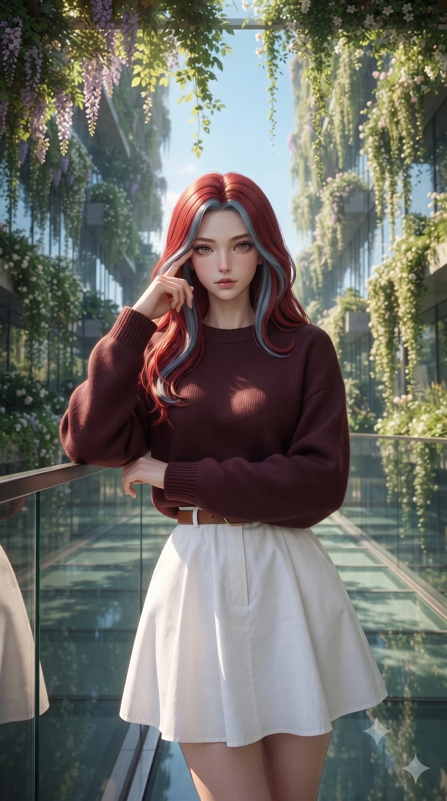 score_9, masterpiece, best quality, ultra-detailed, high-budget anime keyframe, editorial fashion photography, tasteful artistic composition, Caucasian woman, strictly human ears. close-up cowboy shot from the waist and thighs up, the character dominates the composition, filling the frame with her large presence, background elements kept in soft focus. Pressing two fingers to her temple in a composed thoughtful gesture. set against a soft-focus background of an elevated glass walkway between two mirror-clad skyscrapers completely covered in cascading vertical gardens with flowering wisteria jasmine and trailing ivy framing the sky corridor. She has an exceptionally elegant and slender, willowy female figure with an ultra-slim waist, a gracefully sculpted slender torso, and a refined slim physique. sharp v-shaped jawline, high-bridge nose, intricate jewel-like eyes with depth, thick eyelashes, glossy lips with a natural sheen. wearing a dark burgundy knit sweater with a relaxed fit, paired with a white cotton poplin skirt and a leather belt. dappled natural sunlight filtering through the hanging garden canopy creating organic leaf shadows and warm green-filtered light with bright sky visible through gaps. 2k, ultra detail, master piece, 9:16 ratio