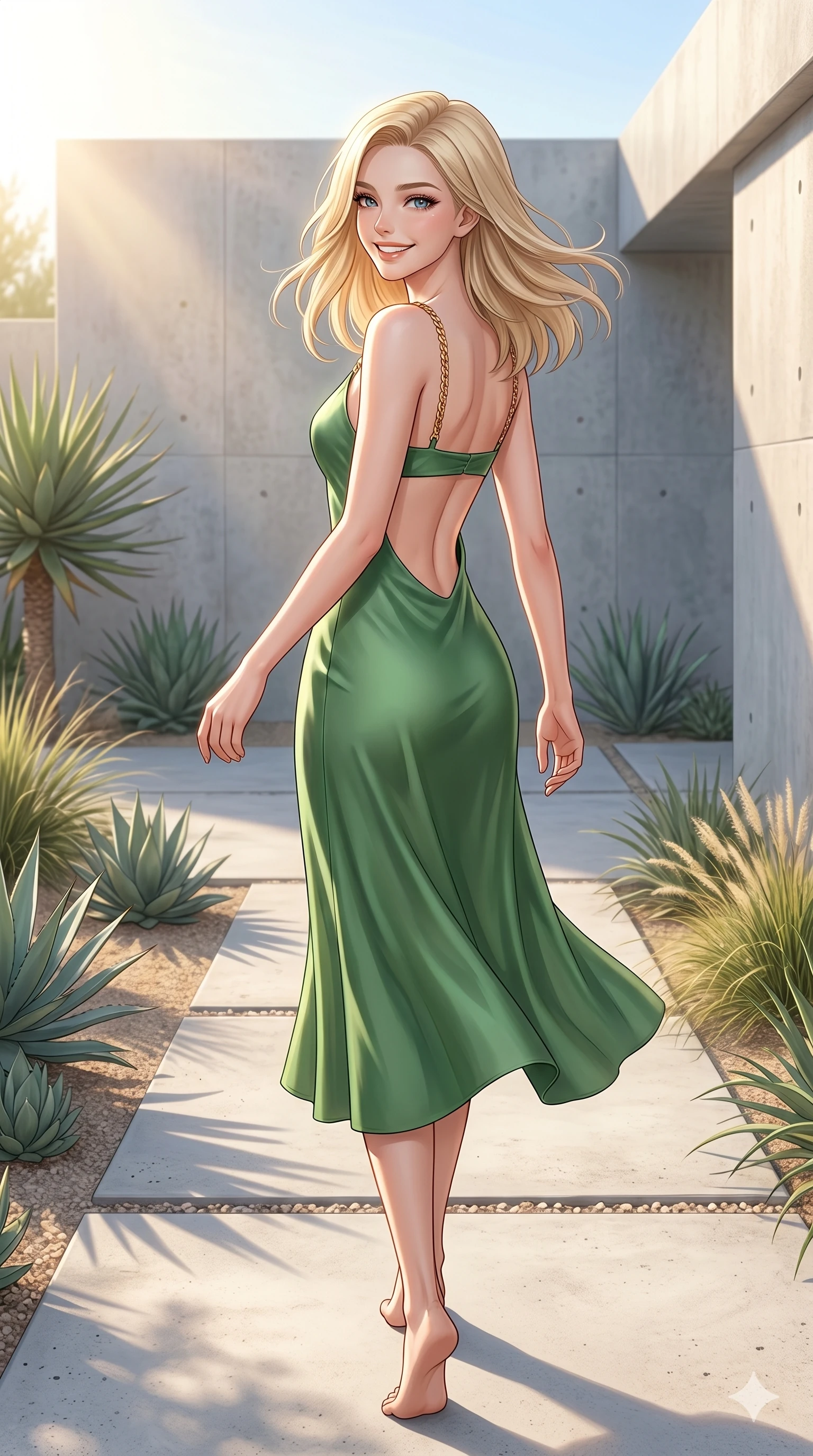 score_9, masterpiece, best quality, ultra-detailed, high-budget anime keyframe, editorial fashion photography, tasteful artistic composition, Korean woman. cowboy shot from the thighs up, character and outfit filling the frame for maximum editorial presence. turning around with a happy, beaming smile, her eyes full of warmth walking on a concrete pathway of a sunny minimalist garden. She has an absolutely perfect 8-heads proportion, an exceptionally tall and slender female figure with impossibly long slender legs and an ultra-slim waist. V-shaped jawline, high-bridge nose, intricate jewel-like eyes with depth, thick eyelashes, glossy lips with a natural sheen. wearing a green silk slip dress with an open-back design and delicate gold straps. bathed in brilliant morning sunshine casting warm rays over the concrete and greenery. 2k, ultra detail, master piece, 9:16 ratio