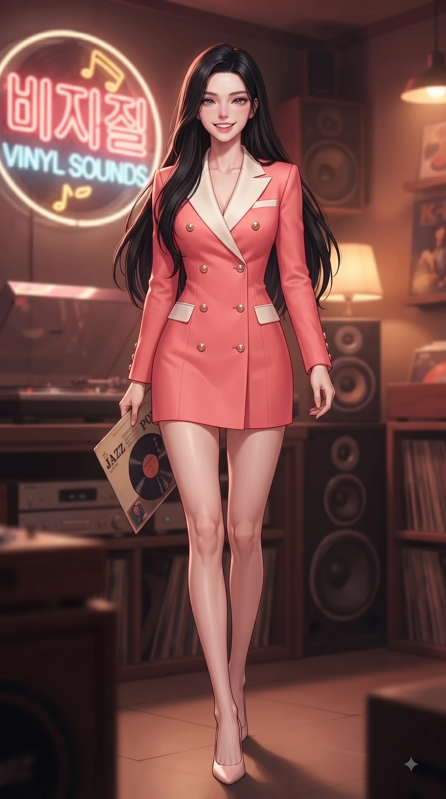 score_9, masterpiece, best quality, ultra-detailed, high-budget anime keyframe, editorial fashion photography, tasteful artistic composition, Korean woman. low angle full-body shot from head to toe showing her feet, filling the entire 9:16 vertical frame with her statuesque presence, stretching her vertical silhouette. walking forward in a proud dynamic stride with a cheerful beaming smile, her vertical silhouette filling the frame while pivoting dynamically near a neon music sign while holding a vintage record sleeve. The composition keeps background elements in soft focus with dreamy bokeh. turntables and neon music signs softened by gentle warm depth of field. She has an absolutely perfect, statuesque 8.5-heads proportion, an exceptionally tall and slender model-like female figure with impossibly long slender legs and an ultra-slim waist. sharp v-shaped jawline, high-bridge nose, intricate jewel-like eyes with depth, thick eyelashes, glossy lips with a natural sheen, flawlessly proportioned anatomical accuracy, natural body alignment, perfectly sculpted elegant limbs, clean dynamic posture without body distortion. wearing a sleek double-breasted blazer dress with gold button accents in vibrant coral pink and pure ivory, tailored from fine wool crepe with clean lines, adorned with delicate gold buttons along the front, the tailored fabric tightly following every curve of her athletic build. surrounded by a nostalgic, warm, and intimate retro music atmosphere. ultra-reflective glossy finish, specular highlights, metallic sheen, high-contrast stereoscopic depth, volumetric dynamic lighting, 2k, ultra detail, master piece, 9:16 ratio