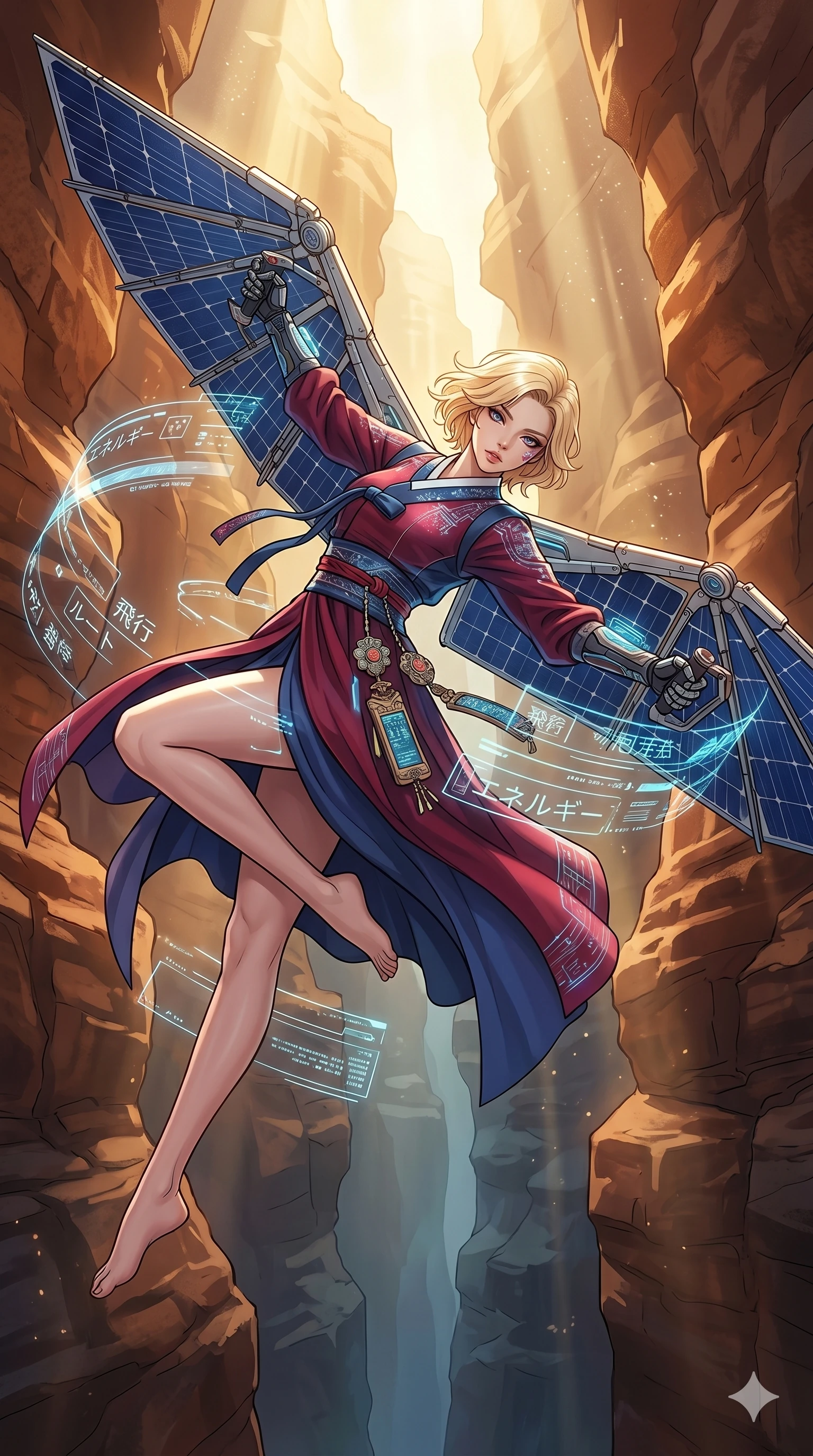 score_9, masterpiece, best quality, ultra-detailed, high-budget anime movie keyframe, cinematic anime lighting, intricate line art, Japanese woman. Mid-air action shot capturing a graceful twist and vertical silhouette. piloting a glider made of solar panels through a canyon. She has an graceful and slender female figure with elegant proportions. strictly human anatomy, two legs only, no extra limbs, clearly defined legs and arms, well-defined anatomy, perfect hands and fingers. sharp v-shaped jawline, high-bridge nose, intricate jewel-like eyes, thick eyelashes, glossy lips. Wearing Modern Traditional: Modernized cyber-hanbok with elegant silk robes and holographic accents. The scene is illuminated by dramatic atmospheric lighting and vibrant color palettes. , 2k, ultra detail, master piece, 9:16 ratio