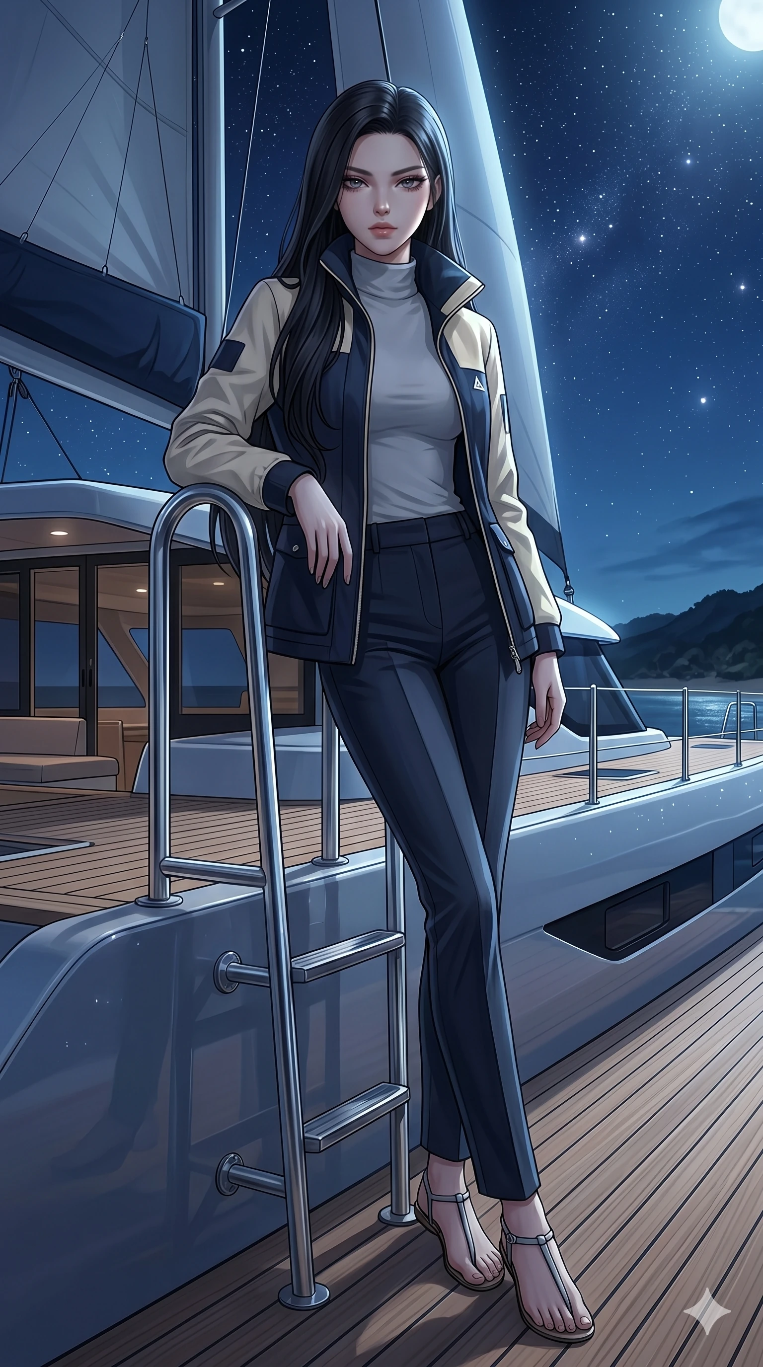 score_9, masterpiece, best quality, ultra-detailed, high-budget anime keyframe, editorial fashion photography, tasteful artistic composition, Korean woman. low angle full-body shot from head to toe showing her feet, filling the entire 9:16 vertical frame with her statuesque presence, stretching her vertical silhouette. leaning against a pool ladder, casting a cool, superior gaze beneath her thick lashes on the deck of a sleek modern catamaran sailing under a clear sky (Code-P19-041). She has an absolutely perfect 8-heads proportion, an exceptionally tall and slender female figure with impossibly long slender legs and an ultra-slim waist. V-shaped jawline, high-bridge nose, intricate jewel-like eyes with depth, thick eyelashes, glossy lips with a natural sheen. wearing a high-collar sailing jacket over a high-neck cotton top and tailored trousers. starlight and moon glow casting soft cosmic highlights on her athletic form at the night beach. 2k, ultra detail, master piece, 9:16 ratio
