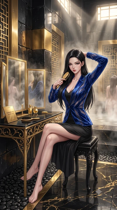 score_9, masterpiece, best quality, ultra-detailed, High-budget Anime Keyframe, East Asian woman. Dynamic full-body shot stretching the vertical silhouette to the limit. Scenario 412: brushing her hair while seated before a vanity of black glass in a