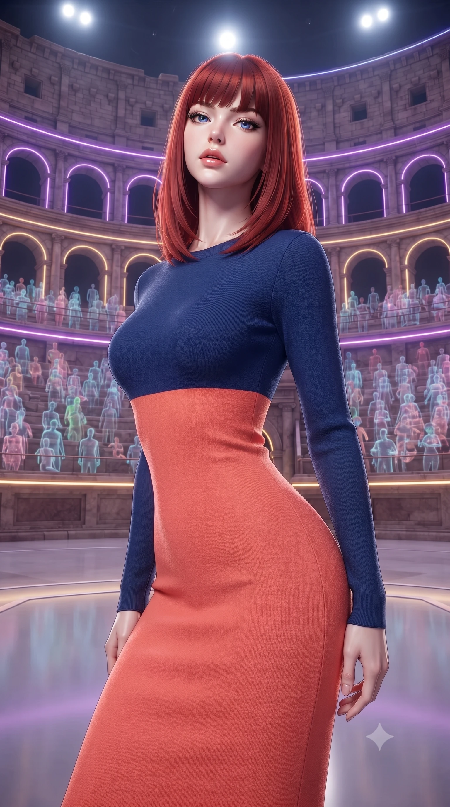score_9, masterpiece, best quality, ultra-detailed, high-budget anime keyframe, editorial fashion photography, tasteful artistic composition, Caucasian woman, strictly human ears. close-up cowboy shot from the waist and thighs up, the character dominates the composition, filling the frame with her large presence, background elements kept in soft focus. Tilting her chin up slightly with lips parted in a composed expression. set against a soft-focus background of the Roman Colosseum reimagined as a futuristic entertainment arena with holographic spectators filling the ancient stone tiers neon light strips tracing every arch and the arena floor a smooth reflective surface. She has an exceptionally elegant and slender, willowy female figure with an ultra-slim waist, a gracefully sculpted slender torso, and a refined slim physique. sharp v-shaped jawline, high-bridge nose, intricate jewel-like eyes with depth, thick eyelashes, glossy lips with a natural sheen. wearing a precision-fitted long-sleeve knit midi dress in a vibrant color block of navy and warm coral, contouring her slender torso. dramatic arena lighting from above with intense white spots and neon accent strips in purple and gold outlining the ancient architecture with holographic spectator glow providing ambient fill. 2k, ultra detail, master piece, 9:16 ratio