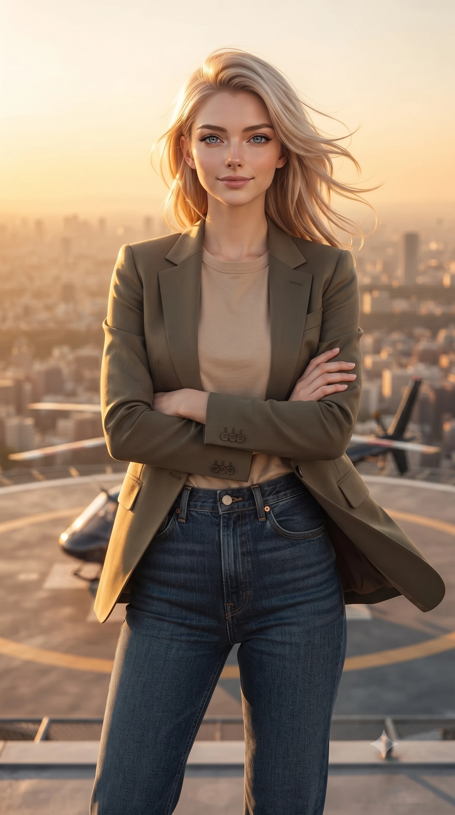 score_9, masterpiece, best quality, ultra-detailed, high-budget anime keyframe, editorial fashion photography, tasteful artistic composition, Japanese woman. close-up cowboy shot from the waist and thighs up, the character dominates the composition, filling the frame with her large presence, background elements kept in soft focus. Crossing her arms with serene confidence and chin slightly raised. set against a soft-focus background of a skyscraper helipad bathed in golden hour light with a helicopter's blades slowly winding down the entire city panorama stretching to the horizon in warm amber tones wind catching hair and fabric. She has an exceptionally elegant and slender, willowy female figure with an ultra-slim waist, a gracefully sculpted slender torso, and a refined slim physique. sharp v-shaped jawline, high-bridge nose, intricate jewel-like eyes with depth, thick eyelashes, glossy lips with a natural sheen. wearing a tailored olive blazer over a beige cotton tee, paired with high-waisted raw indigo denim. dramatic backlight creating a radiant halo effect around her entire silhouette. 2k, ultra detail, master piece, 9:16 ratio