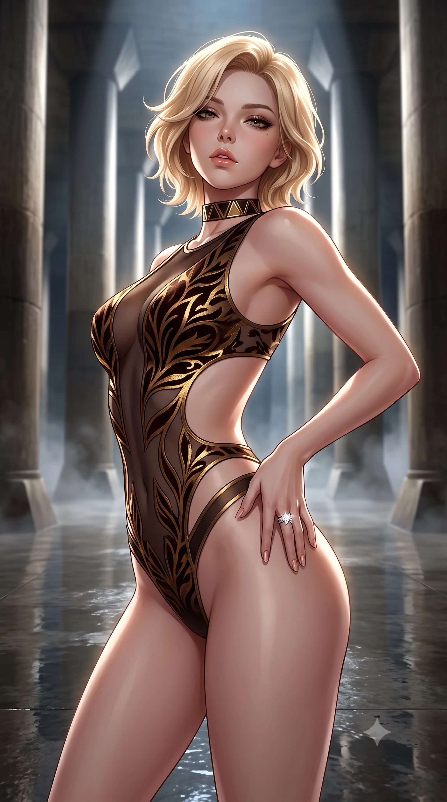 score_9, masterpiece, best quality, ultra-detailed, high-budget anime keyframe, semi-realistic 3D game render, editorial fashion photography, tasteful artistic composition, Caucasian woman. close-up cowboy shot from the waist and thighs up, the character dominates the composition, filling the frame with her large presence. arching her spine backward with effortless dancer poise, one hand sliding along her hip line as directional light carves specular highlights along her silhouette while standing on the vast wet concrete floor between monumental 20-meter high pillars resembling a subterranean temple, arching her back with high-fashion sovereign poise. The composition keeps background elements in soft focus with creamy bokeh. water surface sheen on the vast cistern floor and rising subterranean mist softened in monumental minimalist shallow focus. She has an exceptionally elegant, slender, and willowy female figure with an ultra-slim waist, flat toned midriff, narrow ribcage, and sculpted feminine hips creating an alluring, slim hourglass silhouette without bulk. sharp v-shaped jawline, high-bridge nose, intricate jewel-like eyes with depth, thick eyelashes, glossy parted lips with a natural sheen, intensely captivating and seductive bedroom-eyes expression, flawlessly proportioned anatomical accuracy, strict slender model proportions, natural body alignment, perfectly sculpted long slender limbs, ultra-slim waistline, clean dynamic posture without body distortion. wearing a botanical cutout monokini with organic leaf-curve side openings and high-cut hip bands in dark espresso brown and molten gold foil, made of sheer contouring power-mesh with velvet flocking patterns, complemented by a bold geometric choker and sparkling cocktail ring, the liquid-tight tailored fabric clinging flawlessly to her narrow waist and rounded feminine hips, emphasizing every millimeter of her sculpted slim hourglass curves without any bulky heaviness. bathed in dramatic architectural floodlights beaming down between giant pillars creating high-contrast chiaroscuro. highly saturated vibrant anime colors, detailed shading with soft gradients, rich glossy textures, high-contrast stereoscopic depth, volumetric dynamic lighting, master piece, 9:16 ratio