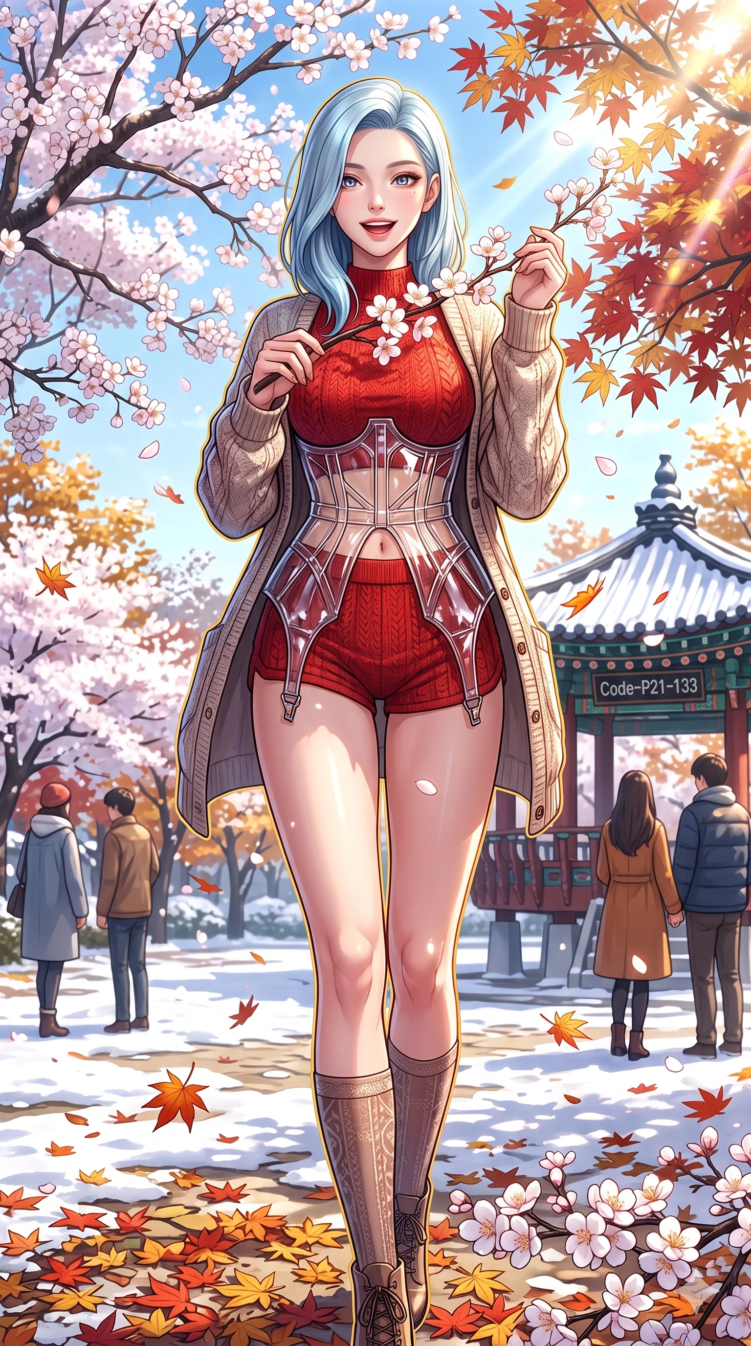 score_9, masterpiece, best quality, ultra-detailed, high-budget anime keyframe, vibrant anime aesthetic, Korean woman. cowboy shot from the thighs up, character and outfit filling the frame for maximum presence. She is standing under blooming winter trees, smiling delightfully as petals fall around her standing under maples in a sunny autumn courtyard (Code-P21-133). She has an absolutely perfect 8-heads proportion, an exceptionally tall and slender female figure with impossibly long slender legs and an ultra-slim waist. V-shaped jawline, high-bridge nose, intricate jewel-like eyes with depth, thick eyelashes, glossy lips with a natural sheen. wearing a translucent patent-gloss structured bodice over a red textured knit two-piece resort wear in winter. She is bathed in brilliant, high-contrast winter sunlight with a single golden line tracing her profile. 2k, ultra detail, master piece, 9:16 ratio