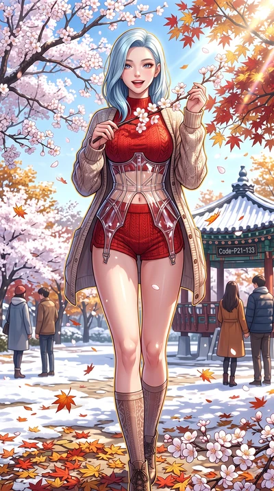 score_9, masterpiece, best quality, ultra-detailed, high-budget anime keyframe, vibrant anime aesthetic, Korean woman. cowboy shot from the thighs up, character and outfit filling the frame for maximum presence. She is standing under blooming winter 