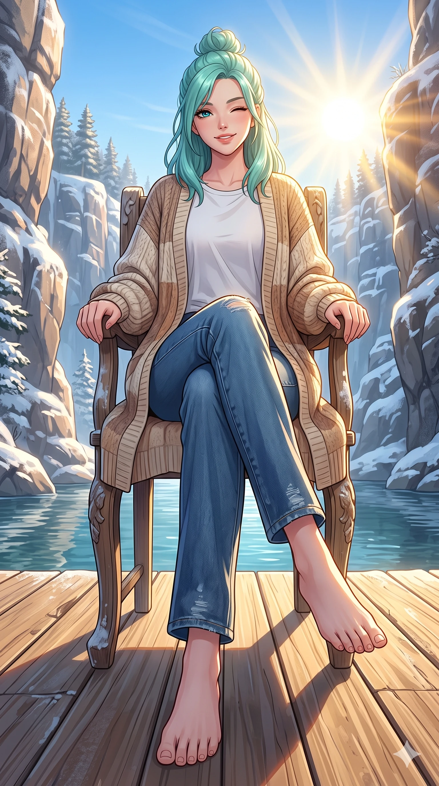score_9, masterpiece, best quality, ultra-detailed, high-budget anime keyframe, vibrant anime aesthetic, Japanese woman. low angle full-body shot from head to toe showing her feet, filling the entire 9:16 vertical frame with her statuesque presence, stretching her vertical silhouette. She is sitting in a sunlit chair, winking with a cheerful and sensual half-smile on a wooden deck over a river pool inside a sunlit winter canyon (Code-P21-035). She has an absolutely perfect 8-heads proportion, an exceptionally tall and slender female figure with impossibly long slender legs and an ultra-slim waist. V-shaped jawline, high-bridge nose, intricate jewel-like eyes with depth, thick eyelashes, glossy lips with a natural sheen. wearing a cozy long cardigan over a cotton tee and straight-leg denim in winter. She is brilliant golden rays radiating from the winter sky, creating a warm glowing atmosphere. 2k, ultra detail, master piece, 9:16 ratio
