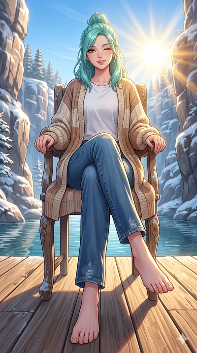 score_9, masterpiece, best quality, ultra-detailed, high-budget anime keyframe, vibrant anime aesthetic, Japanese woman. low angle full-body shot from head to toe showing her feet, filling the entire 9:16 vertical frame with her statuesque presence, 