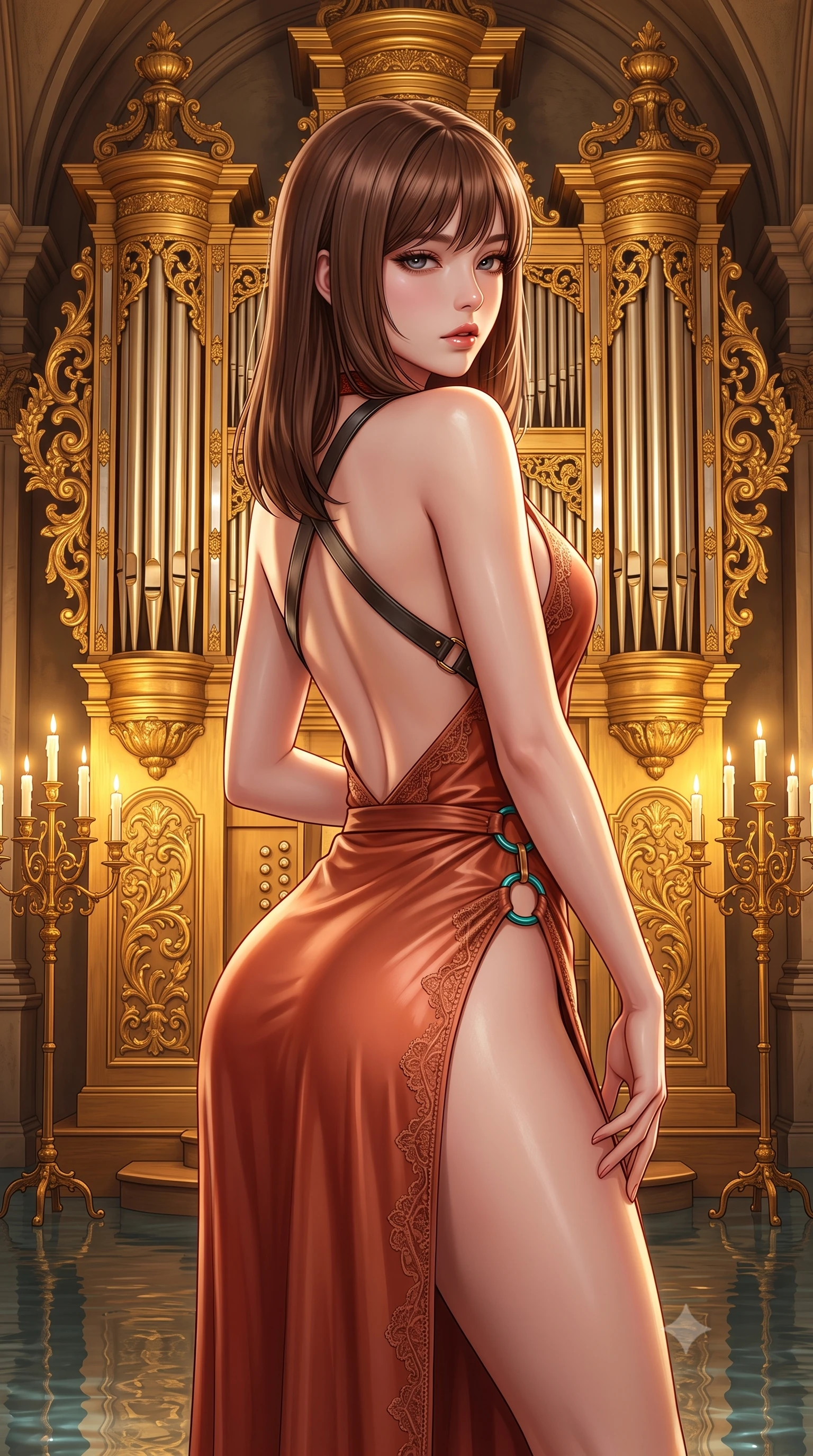 score_9, masterpiece, best quality, ultra-detailed, high-budget anime keyframe, semi-realistic 3D game render, editorial fashion photography, tasteful artistic composition, Korean woman. close-up cowboy shot from the waist and thighs up, the character dominates the composition, filling the frame with her large presence. twisting her slender torso in a deep contrapposto stance, hips dramatically shifted to accentuate her feminine curves while looking past her shoulder with smoldering bedroom-eyes while standing poised before a colossal gold-leaf pipe organ, twisting her slender torso in an alluring S-curve with smoldering gothic bedroom-eyes. The surrounding environment is rendered in vivid detail and crisp panoramic clarity. detailed antique lace embroidery, mirror bevel clarity, and dripping candle wax beads in high clarity. She has an exceptionally elegant, slender, and willowy female figure with an ultra-slim waist, flat toned midriff, narrow ribcage, and sculpted feminine hips creating an alluring, slim hourglass silhouette without bulk. sharp v-shaped jawline, high-bridge nose, intricate jewel-like eyes with depth, thick eyelashes, glossy parted lips with a natural sheen, intensely captivating and seductive bedroom-eyes expression, flawlessly proportioned anatomical accuracy, strict slender model proportions, natural body alignment, perfectly sculpted long slender limbs, ultra-slim waistline, clean dynamic posture without body distortion. wearing a backless terracotta silk wrap dress featuring high-cut side hip slits and turquoise ring hardware in molten amber-gold and dark gunmetal, tailored from second-skin aerodynamic stretch vinyl with specular wet sheen, featuring an open-back criss-cross harness strap in dark leather, the liquid-tight tailored fabric clinging flawlessly to her narrow waist and rounded feminine hips, emphasizing every millimeter of her sculpted slim hourglass curves without any bulky heaviness. bathed in warm golden candelabra flicker from all sides and soft subterranean lake water reflections. highly saturated vibrant anime colors, detailed shading with soft gradients, rich glossy textures, high-contrast stereoscopic depth, volumetric dynamic lighting, master piece, 9:16 ratio