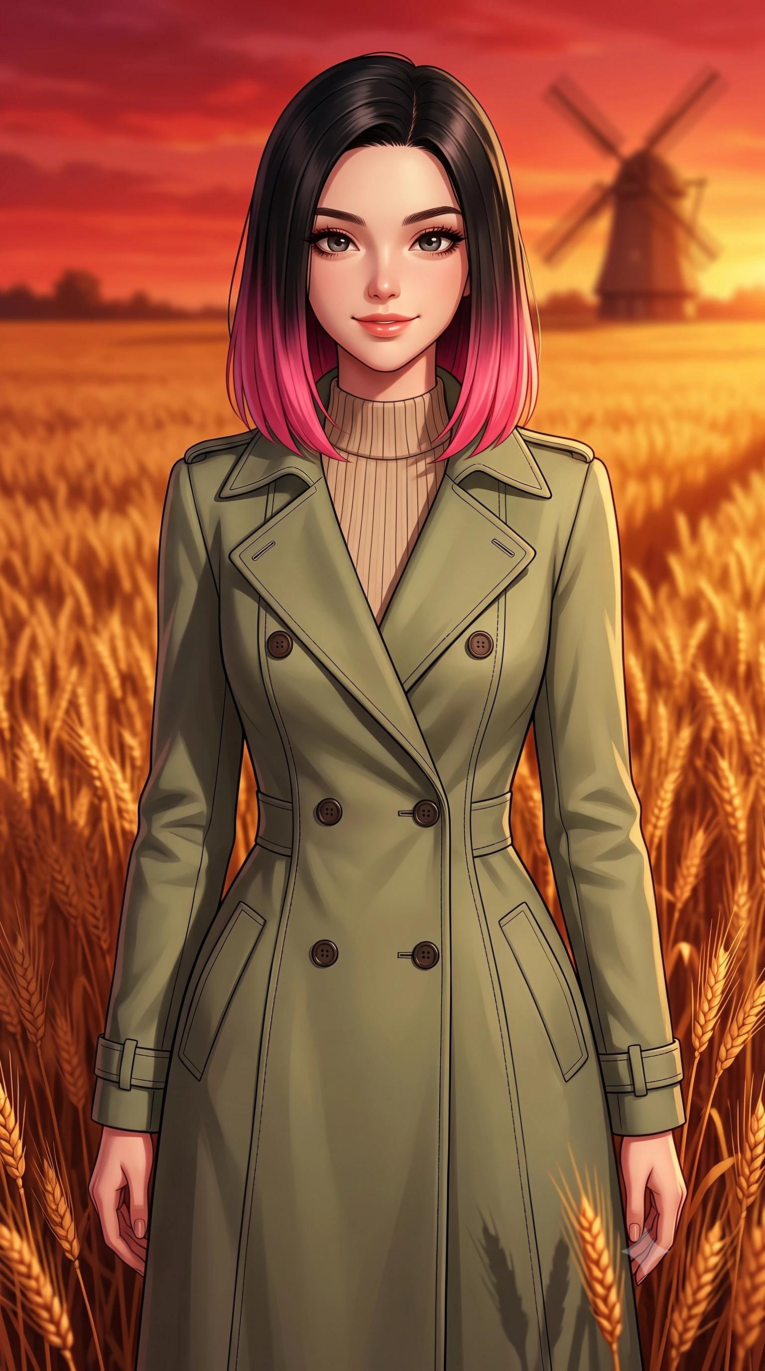 score_9, masterpiece, best quality, ultra-detailed, high-budget anime keyframe, editorial fashion photography, tasteful artistic composition, Korean woman. close-up cowboy shot from the waist and thighs up, the character dominates the composition, filling the frame with her large presence, background elements kept in soft focus. Gazing ahead with a happy, optimistic expression and a gentle smile. set against a soft-focus background of standing in the middle of a vast field of ripe golden wheat swaying in the wind, with a traditional wooden windmill visible on the far horizon. She has an exceptionally elegant, slender, and willowy female figure with a highly-defined ultra-slim waist, a gracefully sculpted slender torso, and a refined slim-fit silhouette that contours her form. sharp v-shaped jawline, high-bridge nose, intricate jewel-like eyes with depth, thick eyelashes, glossy lips with a natural sheen. wearing a structured double-breasted trench in soft olive green over a beige ribbed knit mock-neck top. intense deep red and golden sunset light painting the entire scene in saturated warm tones with long dramatic shadows. 2k, ultra detail, master piece, 9:16 ratio