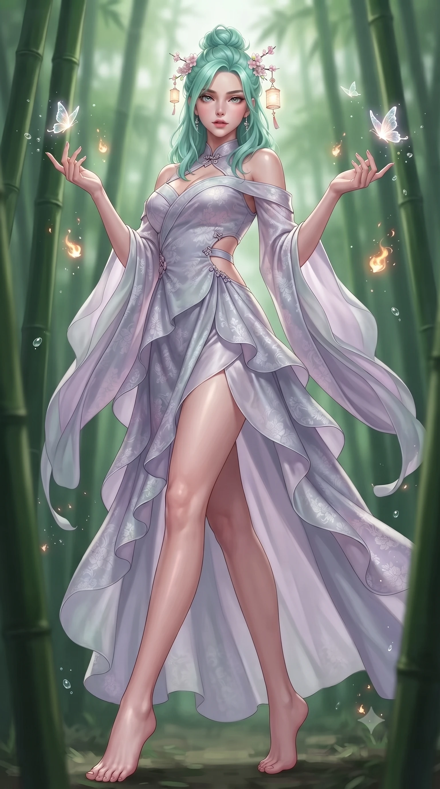 score_9, masterpiece, best quality, ultra-detailed, high-budget anime keyframe, editorial fashion photography, tasteful artistic composition, Japanese woman. low angle full-body shot from head to toe showing her feet, filling the entire 9:16 vertical frame with her statuesque presence, stretching her vertical silhouette. pivoting dynamically with supreme athletic balance and poise, her impossibly long slender legs creating a breathtaking line while pivoting gracefully around towering green bamboo stalks as ethereal glowing butterflies dance around her fingertips. The composition keeps background elements in soft focus with creamy bokeh. sparkling spirit flame embers and floating moisture droplets scattering enchanting light motes. She has an absolutely perfect, statuesque 8.5-heads proportion, an exceptionally tall and slender model-like female figure with impossibly long slender legs, a toned flat midriff, and an ultra-slim waist. sharp v-shaped jawline, high-bridge nose, intricate jewel-like eyes with depth, thick eyelashes, glossy lips with a natural sheen, captivating and magnetic expression, flawlessly proportioned anatomical accuracy, strict slender model proportions, natural body alignment, perfectly sculpted long slender limbs, ultra-slim waistline, clean dynamic posture without body distortion. wearing a celestial lotus-inspired layered chiffon gown with an exposed clavicle bodice in moonlit silver and lavender mist, made of liquid-smooth silk satin with subtle floral jacquard, accessorized with delicate cherry blossom hairpins and glowing paper lantern charms, the precision-cut daring openings accentuating her delicate midriff, graceful bare collarbones, and ultra-slim feminine waistline. surrounded by an enchanting, mysterious, and captivating oriental spirit sorceress aura. ultra-reflective glossy finish, specular highlights, rich textural contrasts, high-contrast stereoscopic depth, volumetric dynamic lighting, 2k, ultra detail, master piece, 9:16 ratio