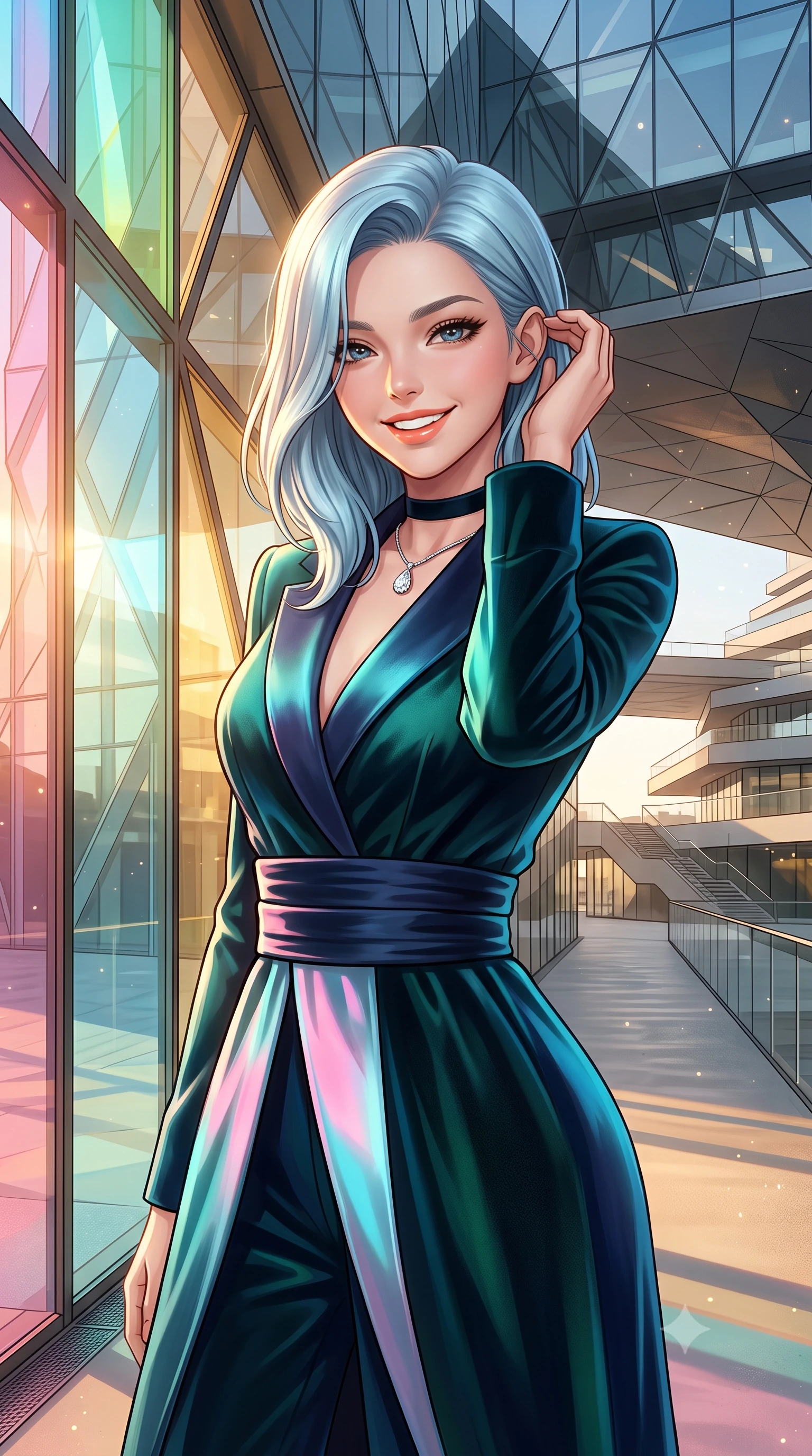 score_9, masterpiece, best quality, ultra-detailed, high-budget anime keyframe, editorial fashion photography, tasteful artistic composition, Korean woman. close-up cowboy shot from the waist and thighs up, the character dominates the composition, filling the frame with her large presence. gently brushing a lock of hair behind her ear while casting a playful, flirtatious side-gaze with long eyelashes while twisting her slender torso in an alluring S-curve, shifting iridescent pink and cyan glass reflections dancing across her flat midriff and hips. The surrounding environment is rendered in vivid detail and crisp panoramic clarity: detailed outfit tailoring, silhouette contours, and world-renowned Henning Larsen architecture in razor-sharp precision. She has an exceptionally elegant, slender, and willowy female figure with an ultra-slim waist, flat toned midriff, narrow ribcage, and sculpted feminine hips creating an alluring, slim hourglass silhouette without bulk. sharp v-shaped jawline, high-bridge nose, intricate jewel-like sparkling eyes with depth, thick eyelashes, glossy parted lips with a natural peach sheen, bright cheerful beaming smile with an enchanting and coquettish sensual glint, exuding both youthful cute charm and seductive allure, flawlessly proportioned anatomical accuracy, strict slender model proportions, natural body alignment, perfectly sculpted long slender limbs, ultra-slim waistline, clean dynamic posture without body distortion. wearing a bespoke Japanese minimalist silk kimono-collar structured trench coat with obi sash belt in Lake Tegernsee emerald glass and royal Bavarian navy, tailored from ultra-plush silk velvet with rich tactile depth and deep shadow gradients, finished with a thin velvet ribbon choker and a single teardrop diamond pendant, the bespoke structured tailoring following the natural line of her 8.5-heads silhouette with refined elegance. bathed in the low-angle golden 3000K midnight sun light filtering through prismatic colored glass panels. ultra-reflective glossy finish, specular highlights, rich textural contrasts, high-contrast stereoscopic depth, volumetric dynamic lighting, 2k, ultra detail, master piece, 9:16 ratio