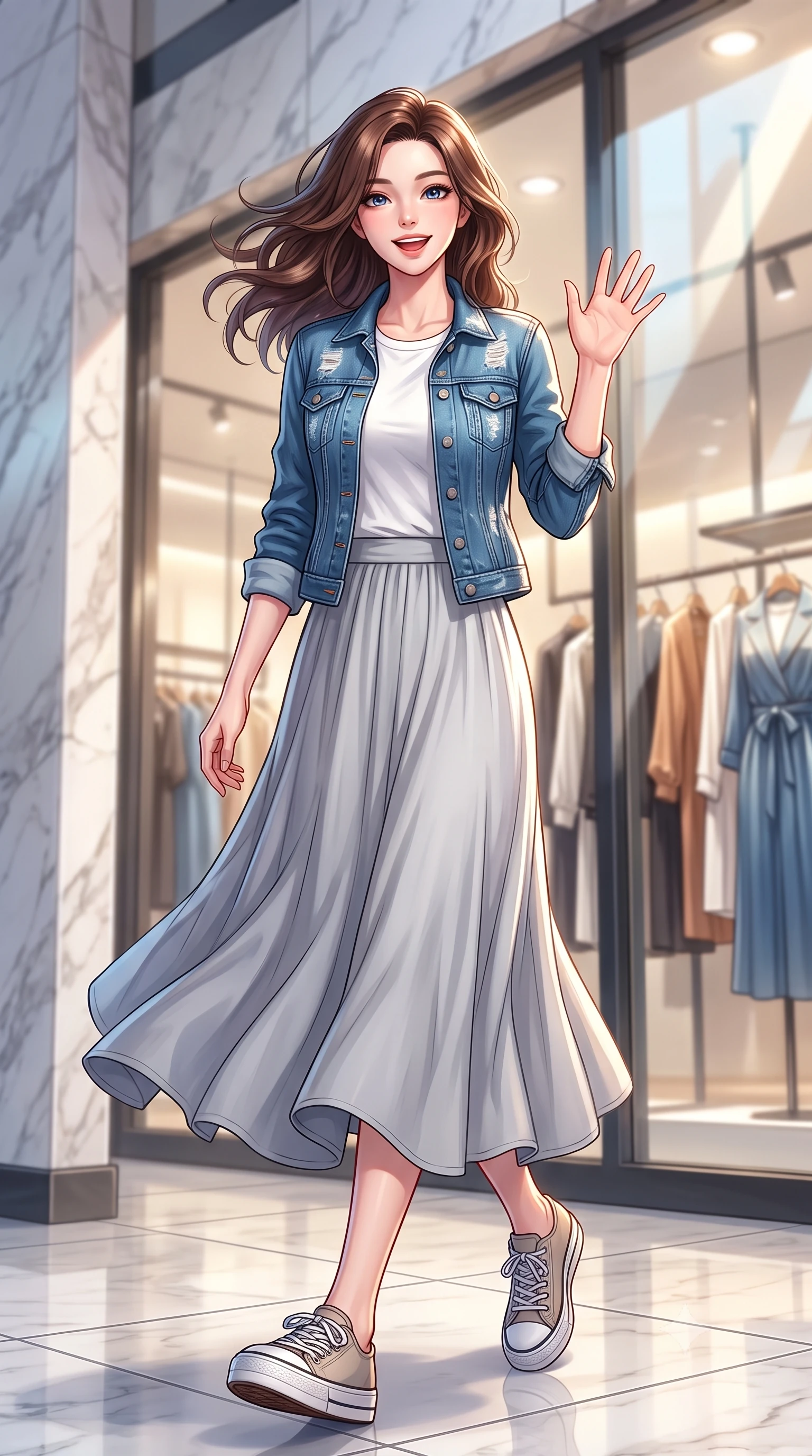 score_9, masterpiece, best quality, ultra-detailed, high-budget anime keyframe, editorial fashion photography, tasteful artistic composition, Korean woman. low angle full-body shot from head to toe showing her feet, filling the entire 9:16 vertical frame with her statuesque presence, stretching her vertical silhouette. stepping forward with a bright, cheerful smile, waving happily at the viewer set against a soft-focus background of near a chic department store entrance with marble walls and glass displays with stylish shopping window displays showing chic clothes in soft focus behind her. She has an absolutely perfect, statuesque 8.5-heads proportion, an exceptionally tall and slender model-like female figure with impossibly long slender legs and an ultra-slim waist. sharp v-shaped jawline, high-bridge nose, intricate jewel-like eyes with depth, thick eyelashes, glossy lips with a natural sheen. wearing body-hugging casual denim jacket worn over a simple white tee and a long cotton skirt. bright afternoon sunbeams creating sharp reflections on the glass shop windows. highly saturated vibrant anime colors, detailed shading with soft gradients, rich glossy textures, high-contrast stereoscopic depth, volumetric dynamic lighting, master piece, 9:16 ratio
