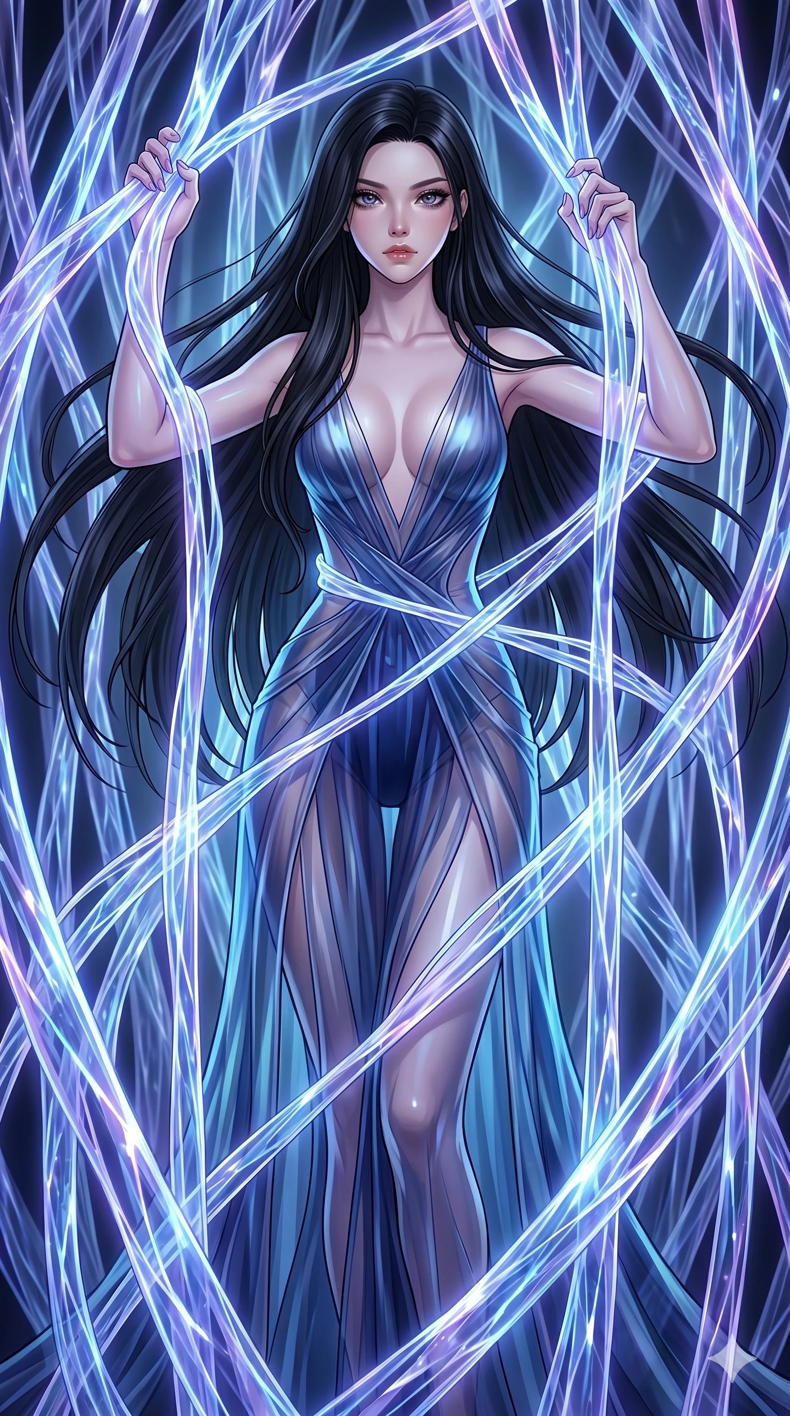 score_9, masterpiece, best quality, ultra-detailed, High-budget Anime Keyframe, East Asian woman. Dynamic full-body shot stretching the vertical silhouette to the limit. Scenario 152: Trapped in a cage of glowing crystalline fibers, body pressing against the bars. Her presence is magnetic and overpowering in this high-budget anime scene. Outfit 152: A molten liquid silk second with a plunging V-neckline and translucent layers. The clothing is designed to emphasize her exceptionally tall and slender 8-heads proportion. 8-heads proportion, towering silhouette, ultra-slim waist. sharp v-shaped jawline, intricate jewel-like eyes with depth, thick eyelashes, glossy lips. 2k, ultra detail, master piece, 9:16 ratio