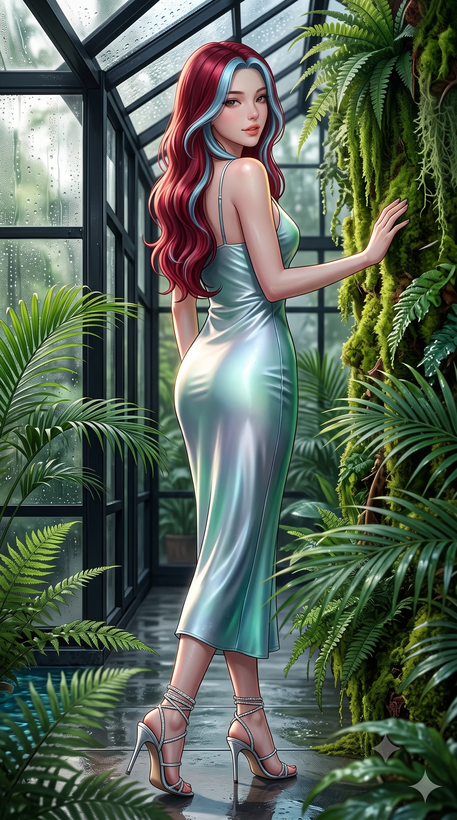 score_9, masterpiece, best quality, ultra-detailed, high-budget anime keyframe, editorial fashion photography, tasteful artistic composition, Caucasian woman. low angle full-body shot from head to toe showing her feet, filling the entire 9:16 vertical frame with her statuesque presence, stretching her vertical silhouette. walking along the terrace with poise, looking back over her bare shoulder with an irresistible smoldering bedroom-gaze while leaning against the lush vertical moss wall with hips cocked back, looking through dewy tropical palms with heavy-lidded bedroom-eyes. The surrounding environment is rendered in vivid detail and crisp panoramic clarity: sharp black iron greenhouse frame mullions, exotic fern frond veins, and water droplet condensation beads on glass in deep focus. She has an exceptionally tall and slender model-like 8.5-heads proportion, an ultra-slim waist, a flat toned midriff, narrow delicate ribcage, and beautifully sculpted feminine hips creating a graceful, slim hourglass silhouette without any bulky heaviness, with impossibly long slender legs. sharp v-shaped jawline, high-bridge nose, intricate jewel-like sparkling eyes with depth, thick eyelashes, glossy parted lips with a natural peach sheen, bright cheerful beaming smile with an enchanting and coquettish sensual glint, exuding both youthful cute charm and seductive allure, flawlessly proportioned anatomical accuracy, strict slender model proportions, natural body alignment, perfectly sculpted long slender limbs, ultra-slim waistline, clean dynamic posture without body distortion. wearing a liquid platinum satin bias-cut slip dress clinging seamlessly over her sculpted flat midriff and feminine hips in Arctic aurora borealis emerald and starlight diamond, made of fluid liquid jersey with seamless sculpting hold and smooth contours, complemented by strappy stiletto sandals with crystal ankle wraps accentuating her slender calves, the bespoke structured tailoring following the natural line of her 8.5-heads silhouette with refined elegance. illuminated by mineral pool specular bounce and sharp gold-cyan dual rim lights sculpting her jawline, narrow waist, and curvy hips. ultra-reflective glossy finish, specular highlights, rich textural contrasts, high-contrast stereoscopic depth, volumetric dynamic lighting, 2k, ultra detail, master piece, 9:16 ratio