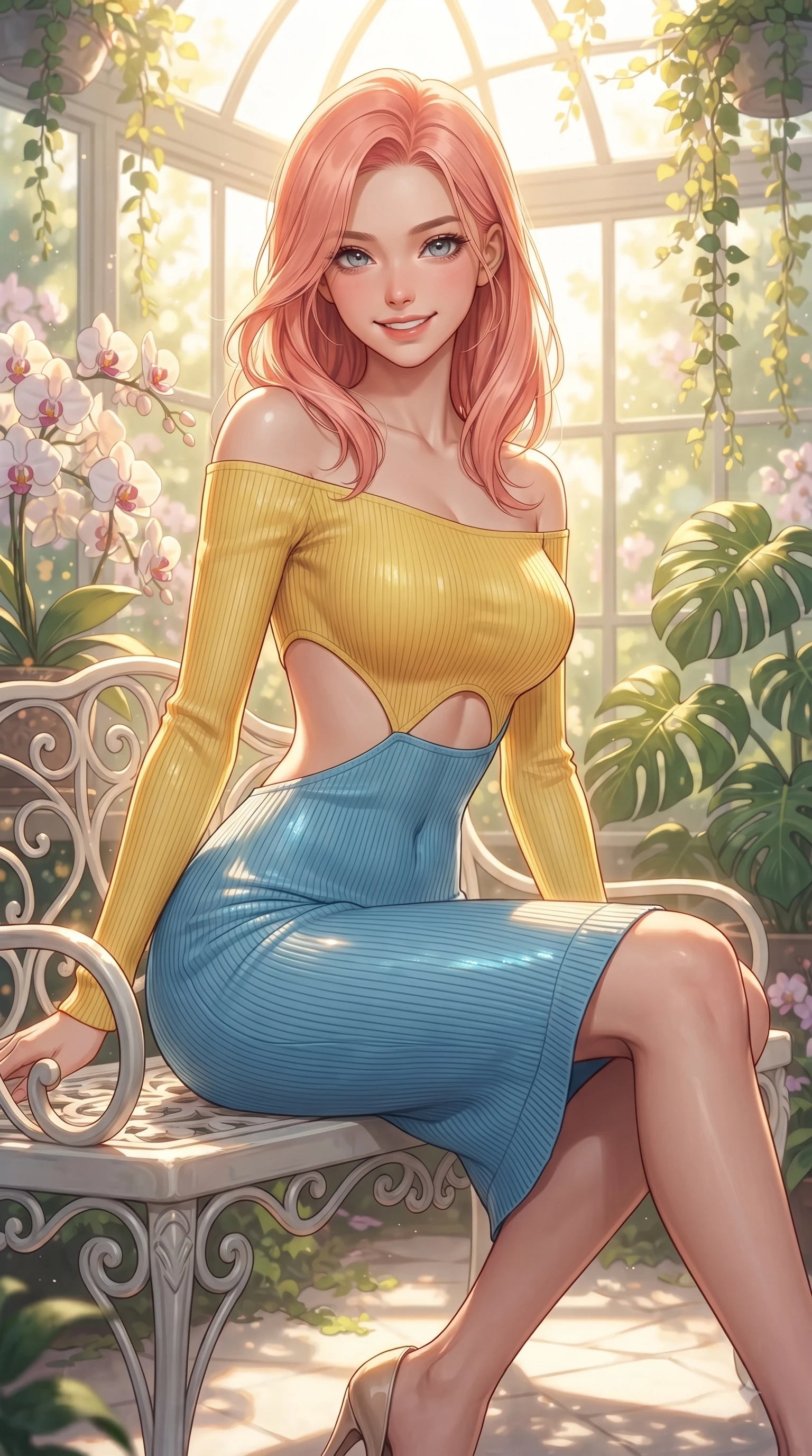 score_9, masterpiece, best quality, ultra-detailed, high-budget anime keyframe, editorial fashion photography, tasteful artistic composition, Japanese woman. close-up cowboy shot from the waist and thighs up, the character dominates the composition, filling the frame with her large presence. Gazing directly into the camera with a fresh, infectious smile as her torso curves dynamically in mid-stride while sitting on a white iron garden bench surrounded by blooming orchids and Monstera leaves. The composition keeps background elements in soft focus with dreamy bokeh. cascading botanical vines and glass dome refractions softened in creamy depth of field. She has an exceptionally elegant, slender, and willowy female figure with an ultra-slim waist, a gracefully sculpted slender torso, and a refined silhouette. sharp v-shaped jawline, high-bridge nose, intricate jewel-like eyes with depth, thick eyelashes, glossy lips with a natural sheen, flawlessly proportioned anatomical accuracy, natural body alignment, perfectly sculpted elegant limbs, clean dynamic posture without body distortion. wearing a sleek off-shoulder ribbed knit dress accentuating her graceful collarbones and slender waist in sunny canary yellow and clear sky blue, knitted from soft cozy cashmere yarn, complemented by clean architectural cutouts along her slender torso, the form-contouring material highlighting her ultra-slim waist and long lines. bathed in brilliant golden sunlight filtering through conservatory glass panes. ultra-reflective glossy finish, specular highlights, metallic sheen, high-contrast stereoscopic depth, volumetric dynamic lighting, 2k, ultra detail, master piece, 9:16 ratio