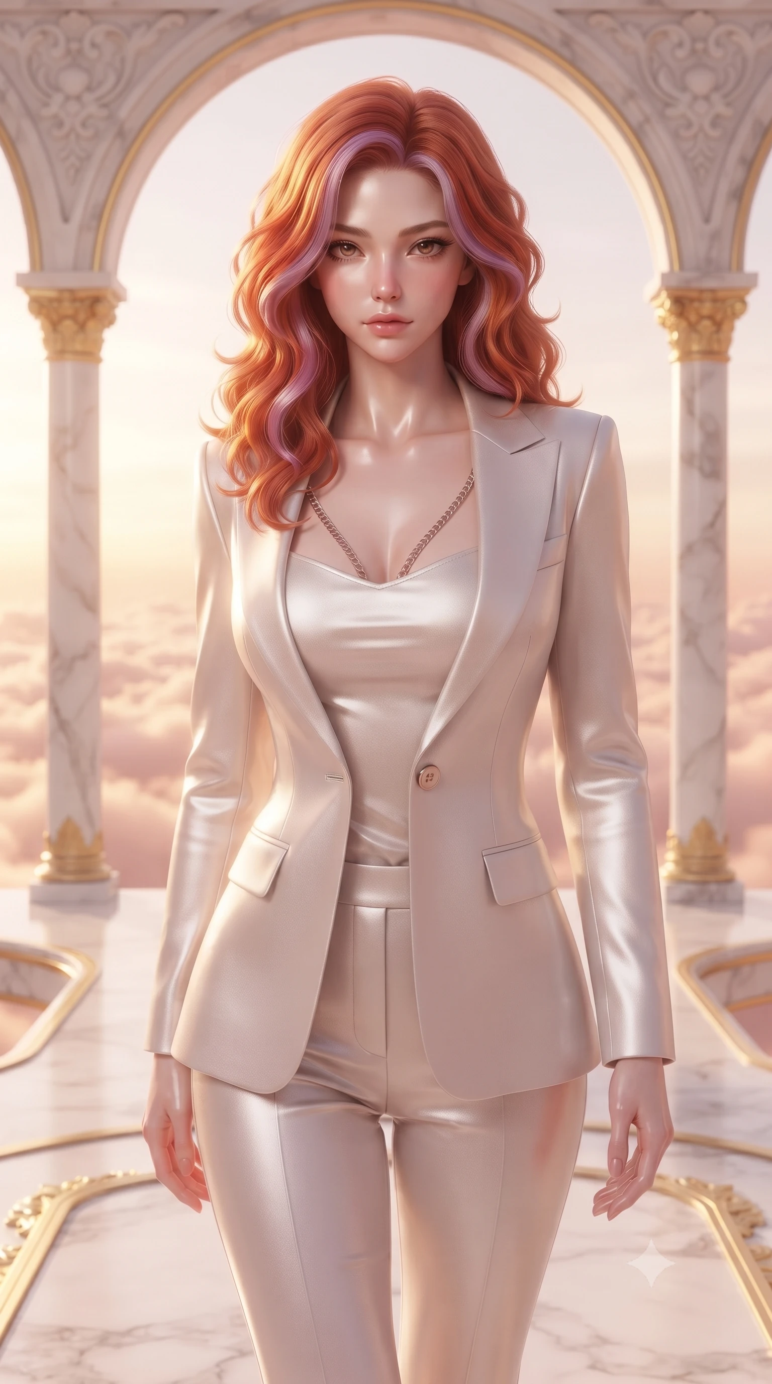 score_9, masterpiece, best quality, ultra-detailed, high-budget anime keyframe, editorial fashion photography, tasteful artistic composition, Caucasian woman. close-up cowboy shot from the waist and thighs up, the character dominates the composition, filling the frame with her large presence, background elements kept in soft focus. Leaning slightly forward with a composed, seductive gaze under soft glowing light standing on a floating white marble terrace above a sea of rose-gold clouds, opulent gold-leaf trim and carved ivory archways framed beautifully. She has an exceptionally elegant, slender, and willowy female figure with an ultra-slim waist, a gracefully sculpted slender torso, and a refined silhouette. sharp v-shaped jawline, high-bridge nose, intricate jewel-like eyes with depth, thick eyelashes, glossy lips with a natural sheen. wearing a tailored silk blazer over a form-contouring top and fitted slacks in pearl white and rose gold, woven from fine semi-opaque sheer organza, adorned with delicate metallic chain straps along the neckline, the glove-like fit emphasizing her statuesque silhouette. illuminated by soft glowing sunset radiance with dramatic golden rim highlights. ultra-reflective glossy finish, specular highlights, metallic sheen, high-contrast stereoscopic depth, volumetric dynamic lighting, 2k, ultra detail, master piece, 9:16 ratio