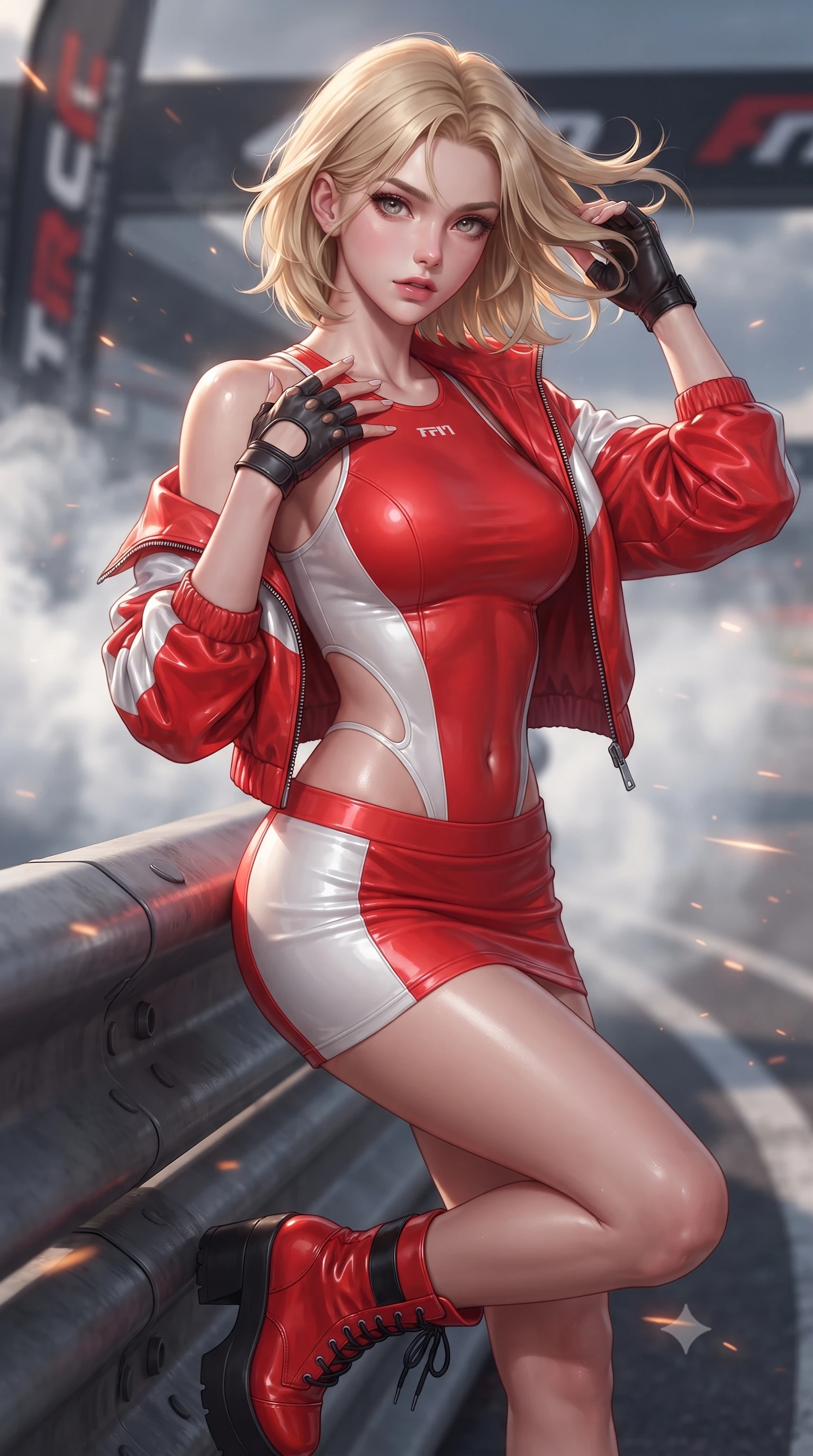score_9, masterpiece, best quality, ultra-detailed, high-budget anime keyframe, editorial fashion photography, tasteful artistic composition, Caucasian woman. close-up cowboy shot from the waist and thighs up, the character dominates the composition, filling the frame with her large presence. resting one manicured hand delicately on her bare collarbone, her upper body twisting in a fluid, voluptuous yet slender curve while leaning against a heavy track barrier, tossing her hair over one shoulder as wind whips the racing circuit banners. The composition keeps background elements in soft focus with creamy bokeh. swirling smoke rings and burning rubber particulate catching laser beam motes across the circuit. She has an exceptionally elegant, slender, and willowy female figure with an ultra-slim waist, a gracefully sculpted slender torso, toned flat midriff, and a refined slim silhouette. sharp v-shaped jawline, high-bridge nose, intricate jewel-like eyes with depth, thick eyelashes, glossy parted lips with a natural sheen, intensely captivating and seductive expression, flawlessly proportioned anatomical accuracy, strict slender model proportions, natural body alignment, perfectly sculpted long slender limbs, ultra-slim waistline, clean dynamic posture without body distortion. wearing a sporty high-cut racerback bodysuit paired with an open technical windbreaker and micro-skirt in bright racing scarlet red and glossy white, crafted from compression knit fabric sculpting her athletic hourglass lines, accessorized with bold platform racing boots and fingerless leather gloves, the precision-cut daring openings accentuating her delicate midriff, graceful bare collarbones, and ultra-slim feminine waistline. illuminated by crisp directional rim lighting sharply defining her razor-sharp jawline and feminine curves. ultra-reflective glossy finish, specular highlights, rich textural contrasts, high-contrast stereoscopic depth, volumetric dynamic lighting, 2k, ultra detail, master piece, 9:16 ratio