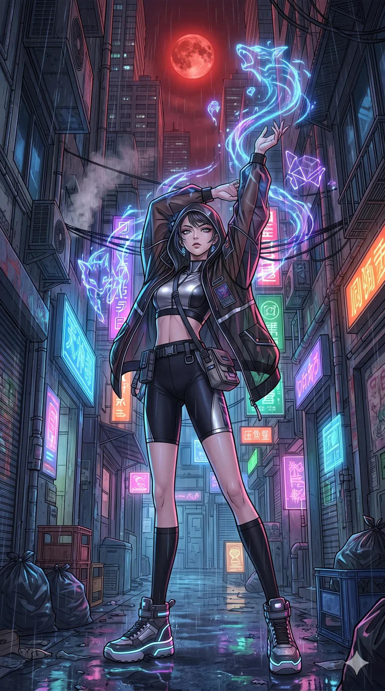 score_9, masterpiece, best quality, ultra-detailed, high-budget anime movie keyframe, cinematic anime lighting, intricate line art, Japanese anime girl. Dynamic full-body shot stretching the vertical silhouette across the 9:16 frame. summoning mystical spirits in a neon-lit cyberpunk alleyway under a blood moon. She has an absolutely perfect 8-heads proportion, an exceptionally tall and slender female figure with an ultra-slim waist and impossibly long slender legs. sharp v-shaped jawline, high-bridge nose, intricate jewel-like eyes, thick eyelashes, glossy lips. Wearing premium athleisure set with a metallic-finish compression top, high-cut yoga shorts that accentuate her long legs, and a sheer oversized hoodie. The scene is illuminated by dramatic atmospheric lighting and vibrant color palettes. 2k, ultra detail, master piece, 9:16 ratio