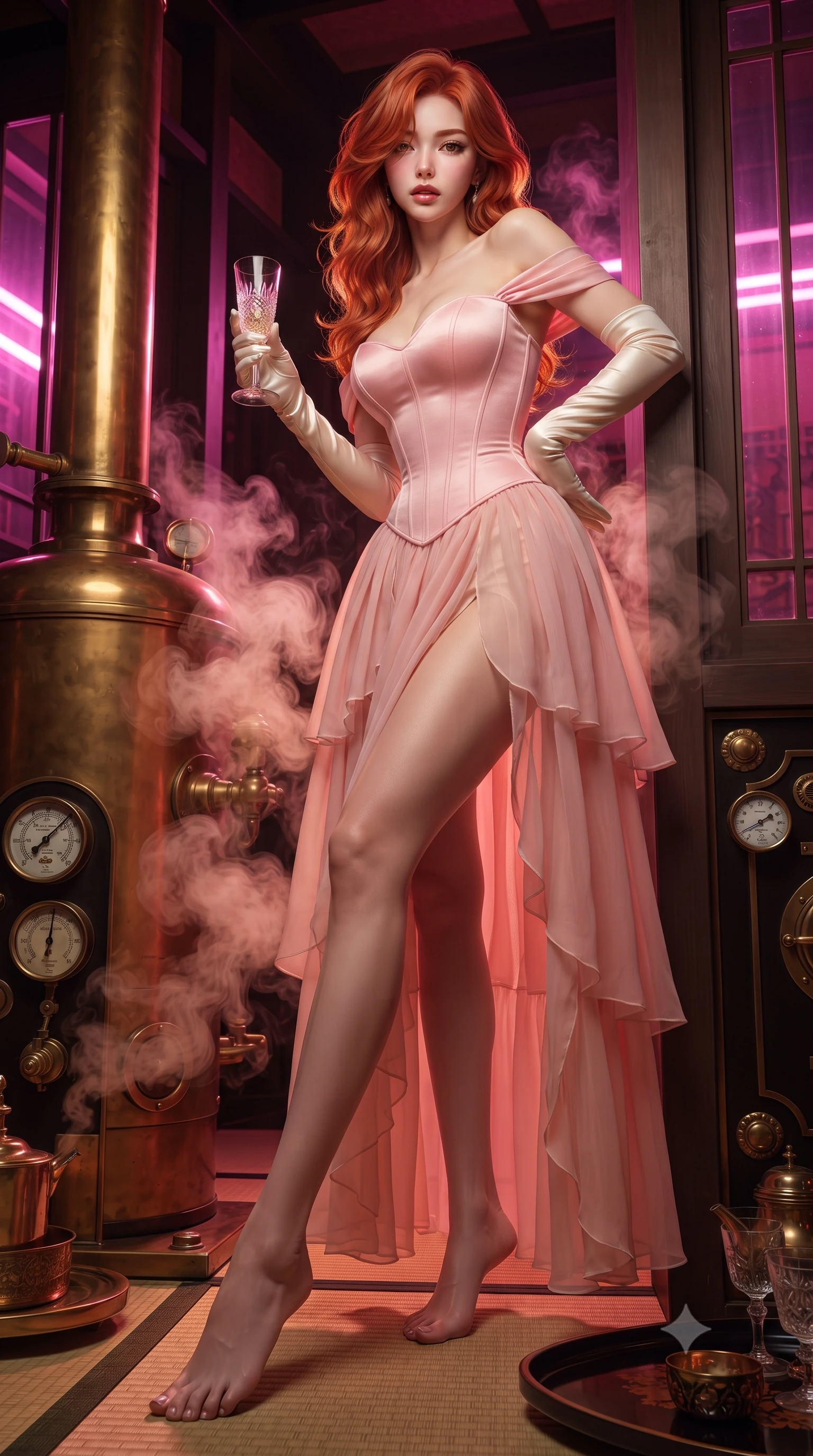 score_9, masterpiece, best quality, ultra-detailed, high-budget anime keyframe, editorial fashion photography, tasteful artistic composition, Korean woman. low angle full-body shot from head to toe showing her feet, filling the entire 9:16 vertical frame with her statuesque presence, stretching her vertical silhouette. leaning deep against the structural architecture with hips cocked in an unapologetically bold, seductive high-fashion stance while standing poised beside a brass steam vent, twisting her slender torso in an alluring S-curve as fragrant herbal vapor swirls around her long limbs. The surrounding environment is rendered in vivid detail and crisp panoramic clarity. sharp tatami mat straw weave, brass pressure gauge dials, and lacquered tray reflections in deep focus. She has an exceptionally tall and slender model-like 8.5-heads proportion, an ultra-slim waist, a flat toned midriff, narrow delicate ribcage, and beautifully sculpted feminine hips creating a graceful, slim hourglass silhouette without any bulky heaviness, with impossibly long slender legs. sharp v-shaped jawline, high-bridge nose, intricate jewel-like eyes with depth, thick eyelashes, glossy parted lips with a natural sheen, intensely captivating and seductive bedroom-eyes expression, flawlessly proportioned anatomical accuracy, strict slender model proportions, natural body alignment, perfectly sculpted long slender limbs, ultra-slim waistline, clean dynamic posture without body distortion. wearing an off-shoulder French court corset bodice dress paired with a tiered translucent chiffon slit skirt in sakura blossom pink and warm ivory, tailored from water-resistant treated wool gabardine and flexible stretch silk, accessorized with opera-length satin gloves and a vintage crystal glass, the second-skin form-contouring cut accentuating her sculpted flat midriff, narrow delicate ribcage, and gracefully curvy hips with supermodel precision. bathed in vibrant magenta neon backlighting contrasting with warm amber brass furnace glow. ultra-reflective glossy finish, specular highlights, rich textural contrasts, high-contrast stereoscopic depth, volumetric dynamic lighting, 2k, ultra detail, master piece, 9:16 ratio