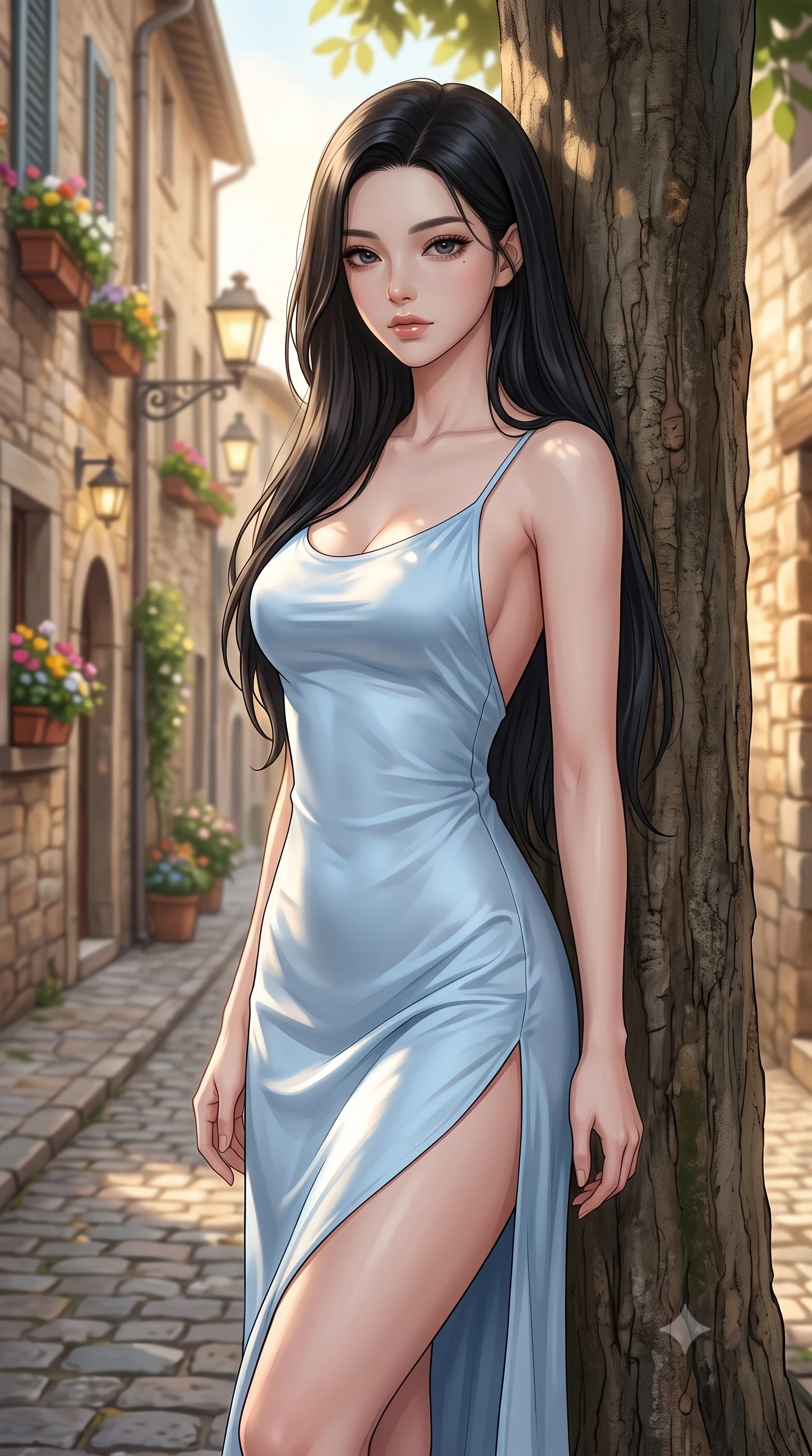 score_9, masterpiece, best quality, ultra-detailed, high-budget anime keyframe, editorial fashion photography, tasteful artistic composition, Korean woman woman. close-up cowboy shot from the waist and thighs up, the character dominates the composition, filling the frame with her large presence, background elements kept in soft focus. standing relaxed against a tree trunk, sharing a quiet, serene moment with the viewer the background shows a soft-focus a narrow cobblestone street in an old European town, lined with flower boxes and street lamps. She has an exceptionally elegant, slender, and willowy female figure with an ultra-slim waist, a gracefully sculpted slender torso, and a refined silhouette. sharp v-shaped jawline, high-bridge nose, intricate jewel-like eyes with depth, thick eyelashes, glossy lips with a natural sheen. wearing a slim-fit lightweight silk slip dress in baby blue with a high side slit and a low-cut back. soft afternoon sunbeams reflecting off the stone walls and pavement. 2k, ultra detail, master piece, 9:16 ratio