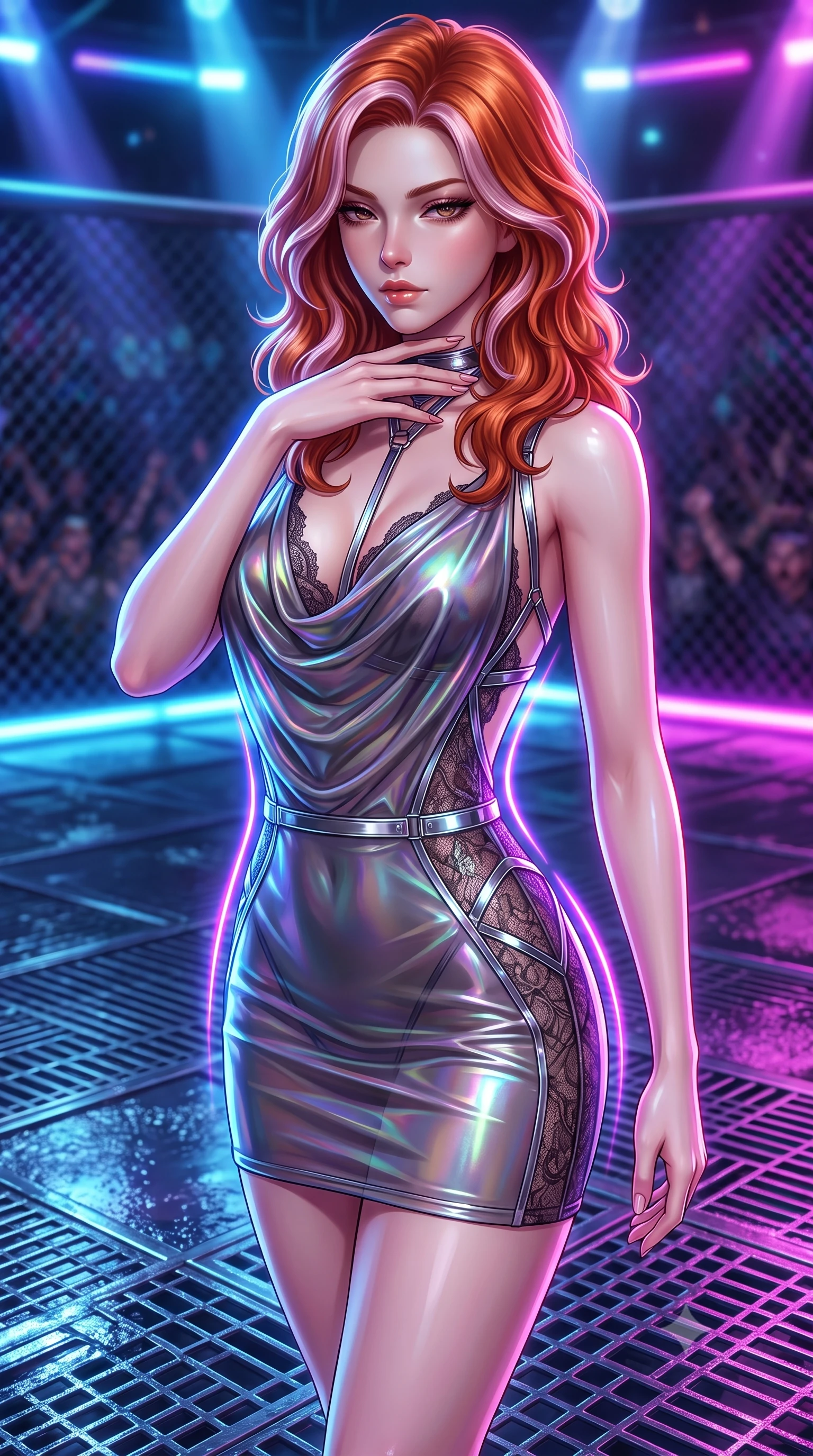 score_9, masterpiece, best quality, ultra-detailed, high-budget anime keyframe, semi-realistic 3D game render, editorial fashion photography, tasteful artistic composition, Caucasian woman. close-up cowboy shot from the waist and thighs up, the character dominates the composition, filling the frame with her large presence. resting her fingers lightly against her throat while looking down with a smoldering, haughty yet intensely captivating glance while pivoting dynamically on wet metal grating as pulsating neon arena floodlights trace her sculpted waist. The composition keeps background elements in soft focus with creamy bokeh. distant cage meshes and roaring underground crowds softened by shallow atmospheric focus. She has an exceptionally elegant, slender, and willowy female figure with an ultra-slim waist, a gracefully sculpted slender torso, and a refined silhouette. sharp v-shaped jawline, high-bridge nose, intricate jewel-like eyes with depth, thick eyelashes, glossy lips with a natural sheen, flawlessly proportioned anatomical accuracy, natural body alignment, perfectly sculpted elegant limbs, clean dynamic posture without body distortion. wearing a precision-fitted liquid jersey bodycon dress with a dramatic draped cowl back that swoops down to her waist in translucent smoky quartz and iridescent holographic sheen, crafted from delicate dark lace interwoven with luminescent micro-fibers, reinforced by a sleek metallic chrome harness and delicate glowing micro-straps, the sleek aerodynamic cut emphasizing her magnetic presence and alluring physical grace. surrounded by a fierce, electrifying, and dangerously provocative sensual combat aura. highly saturated vibrant anime colors, detailed shading with soft gradients, rich glossy textures, high-contrast stereoscopic depth, volumetric dynamic lighting, master piece, 9:16 ratio