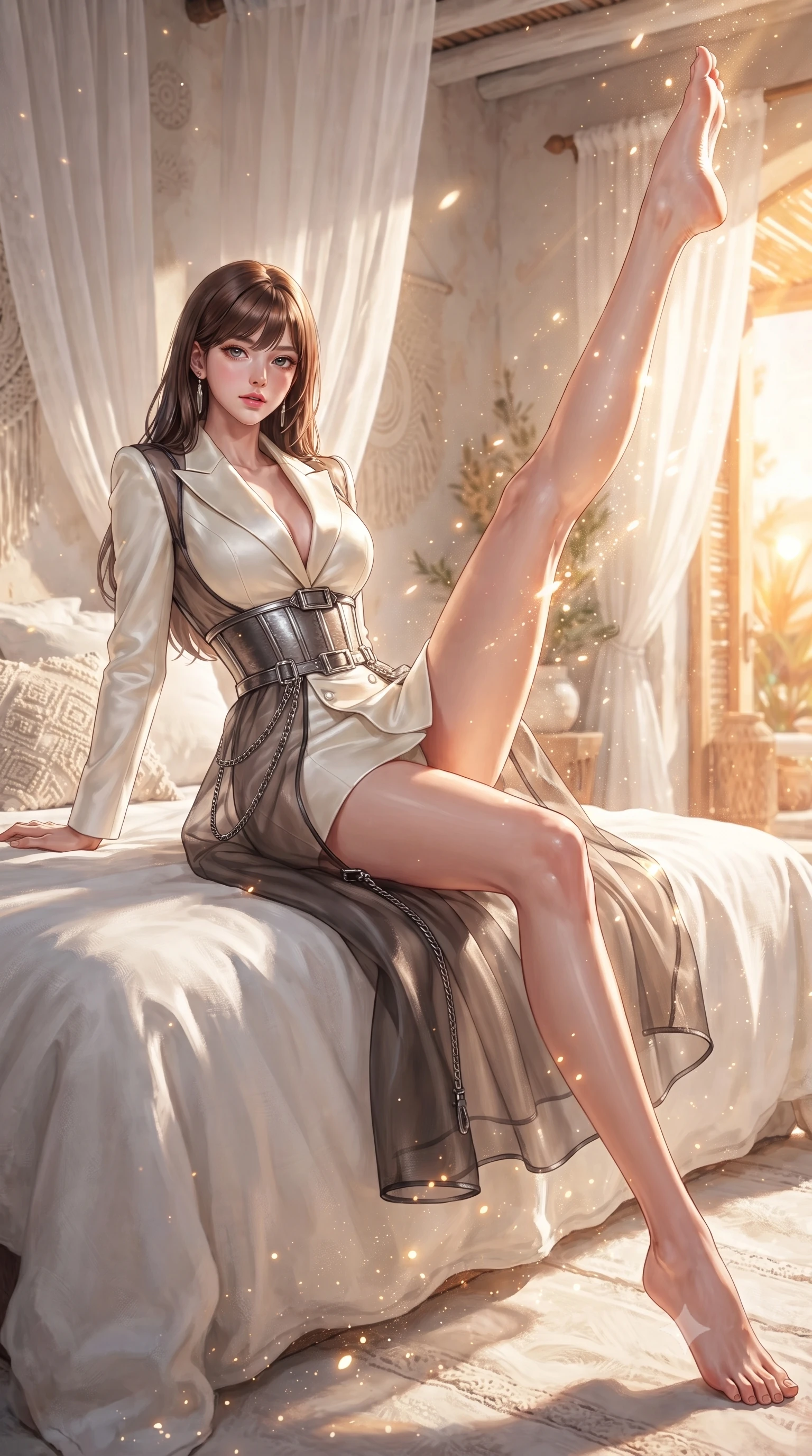score_9, masterpiece, best quality, ultra-detailed, high-budget anime keyframe, editorial fashion photography, tasteful artistic composition, Korean woman. low angle full-body shot from head to toe showing her feet, filling the entire 9:16 vertical frame with her statuesque presence, stretching her vertical silhouette. interacting with glowing light particles, her long slender legs poised in motion, lounging on a white linen daybed as warm afternoon sunbeams flood the room, effortless elegance in her posture, stretching her vertical 9:16 framing. She has an absolutely perfect, statuesque 8.5-heads proportion, an exceptionally tall and slender model-like female figure with impossibly long slender legs and an ultra-slim waist. sharp v-shaped jawline, high-bridge nose, intricate jewel-like eyes with depth, thick eyelashes, glossy lips with a natural sheen. wearing tailored ivory tux dress with satin lapels and fitted waist in metallic dark silver, made of sheer dark organza overlay, framed by dark titanium buckles and silver chain details, sculpting her athletic slender build with refined precision. surrounded by a radiant sun-drenched ambiance with brilliant white highlights. highly saturated vibrant anime colors, detailed shading with soft gradients, rich glossy textures, high-contrast stereoscopic depth, volumetric dynamic lighting, master piece, 9:16 ratio