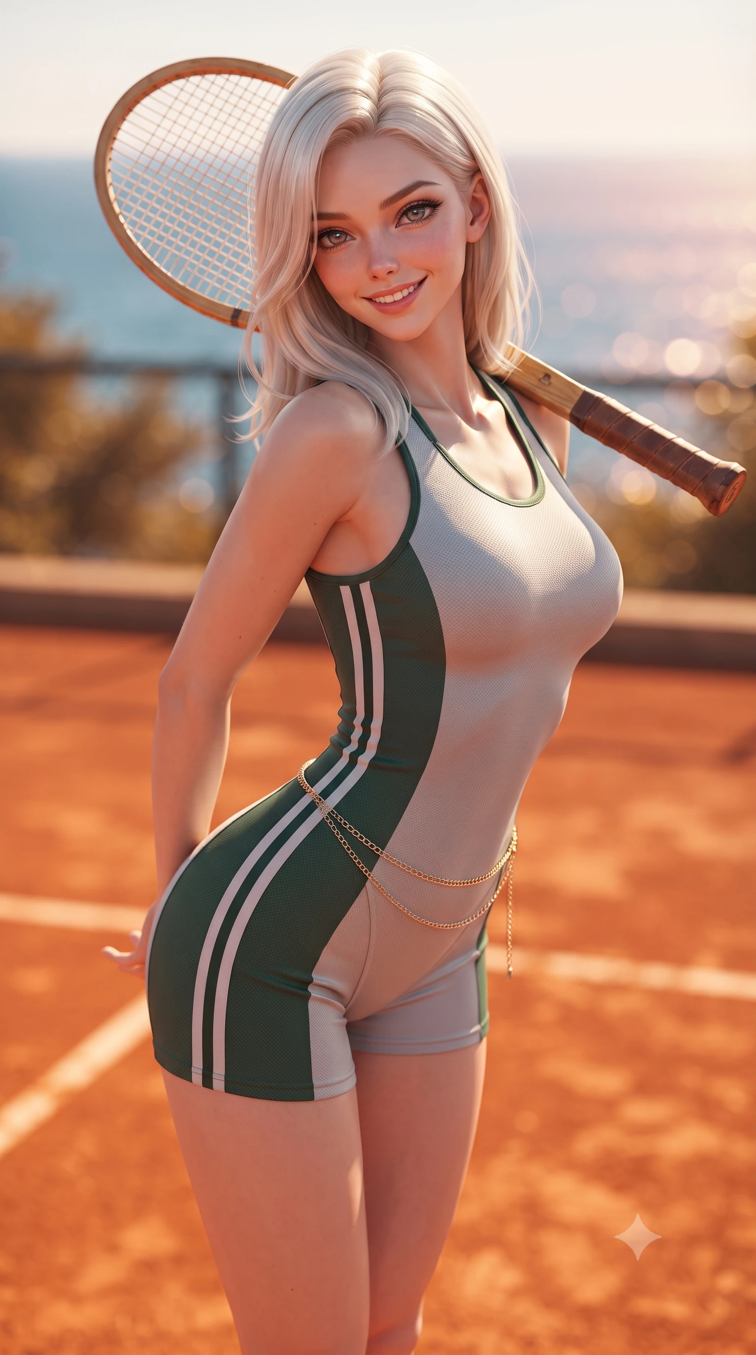 score_9, masterpiece, best quality, ultra-detailed, high-budget anime keyframe, editorial fashion photography, tasteful artistic composition, Caucasian woman. close-up cowboy shot from the waist and thighs up, the character dominates the composition, filling the frame with her large presence. resting both hands lightly behind her back while leaning toward the lens with a cheerful, teasing grin, her form-fitting athletic suit hugging her narrow waist and hip curve while leaning against the tennis net post with a wooden racket resting on her shoulder, arching her spine with athletic supermodel grace overlooking the Mediterranean. The background shows a soft-focus the vibrant terracotta red clay tennis courts and the sapphire Mediterranean Sea blurred into rich ochre, azure, and rose-gold bokeh. She has an exceptionally elegant, slender, and willowy female figure with an ultra-slim waist, flat toned midriff, narrow ribcage, and sculpted feminine hips creating an alluring, slim hourglass silhouette without bulk. sharp v-shaped jawline, high-bridge nose, sparkling eyes with athletic focus and depth, thick curled eyelashes, glossy parted lips with a natural coral-peach sheen, bright confident and coquettish smile with alluring bedroom-eyes, exuding both youthful sporty vigor and sovereign high-society glamour, flawlessly proportioned anatomical accuracy, strict slender model proportions, natural body alignment, perfectly sculpted long slender limbs, ultra-slim waistline, clean dynamic posture without body distortion. wearing a bodycon racerback athletic romper with high-cut leg openings and side racing stripe tape accentuating her curvy hips in alpine silver platinum and forest green, made of second-skin technical compression piqué knit with moisture-wicking stretch, accented with a delicate gold chain belt resting loosely on her curvy hips, the form-contouring athletic cut accentuating her sculpted flat midriff, narrow delicate ribcage, and gracefully curvy hips with supermodel precision. illuminated by clay bounce warmth and sharp amber rim lighting defining her sculpted collarbones, ultra-slim waist, and curvy hips. ultra-reflective glossy finish, specular highlights, rich textural contrasts, high-contrast stereoscopic depth, volumetric dynamic lighting, 2k, ultra detail, master piece, 9:16 ratio