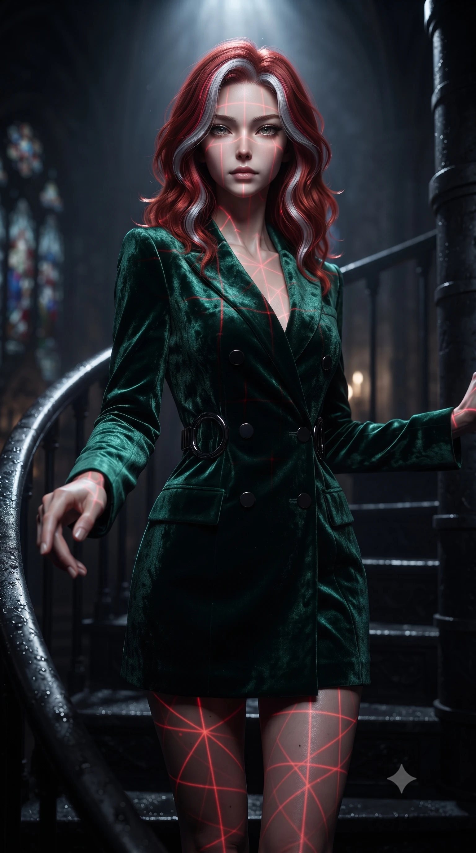 score_9, masterpiece, best quality, ultra-detailed, high-budget anime keyframe, editorial fashion photography, tasteful artistic composition, Caucasian woman. close-up cowboy shot from the waist and thighs up, the character dominates the composition, filling the frame with her large presence, background elements kept in soft focus. Reaching one hand toward the viewer with relaxed dark elegance, ascending a dark obsidian spiral staircase inside a stormy cathedral tower, glowing red laser grid lines casting geometric gothic patterns on her skin. She has an exceptionally elegant, slender, and willowy female figure with an ultra-slim waist, a gracefully sculpted slender torso, and a refined silhouette. sharp v-shaped jawline, high-bridge nose, intricate jewel-like eyes with depth, thick eyelashes, glossy lips with a natural sheen. wearing tailored double-breasted obsidian blazer dress in deep emerald green, made of crushed dark silk velvet, accented with sculpted obsidian chrome rings at the waist, contouring every curve with an exceptionally elegant silhouette. lit by dramatic theatrical spotlight from above, keeping background elements in pitch-dark soft focus. ultra-reflective glossy finish, specular highlights, metallic sheen, high-contrast stereoscopic depth, volumetric dynamic lighting, 2k, ultra detail, master piece, 9:16 ratio