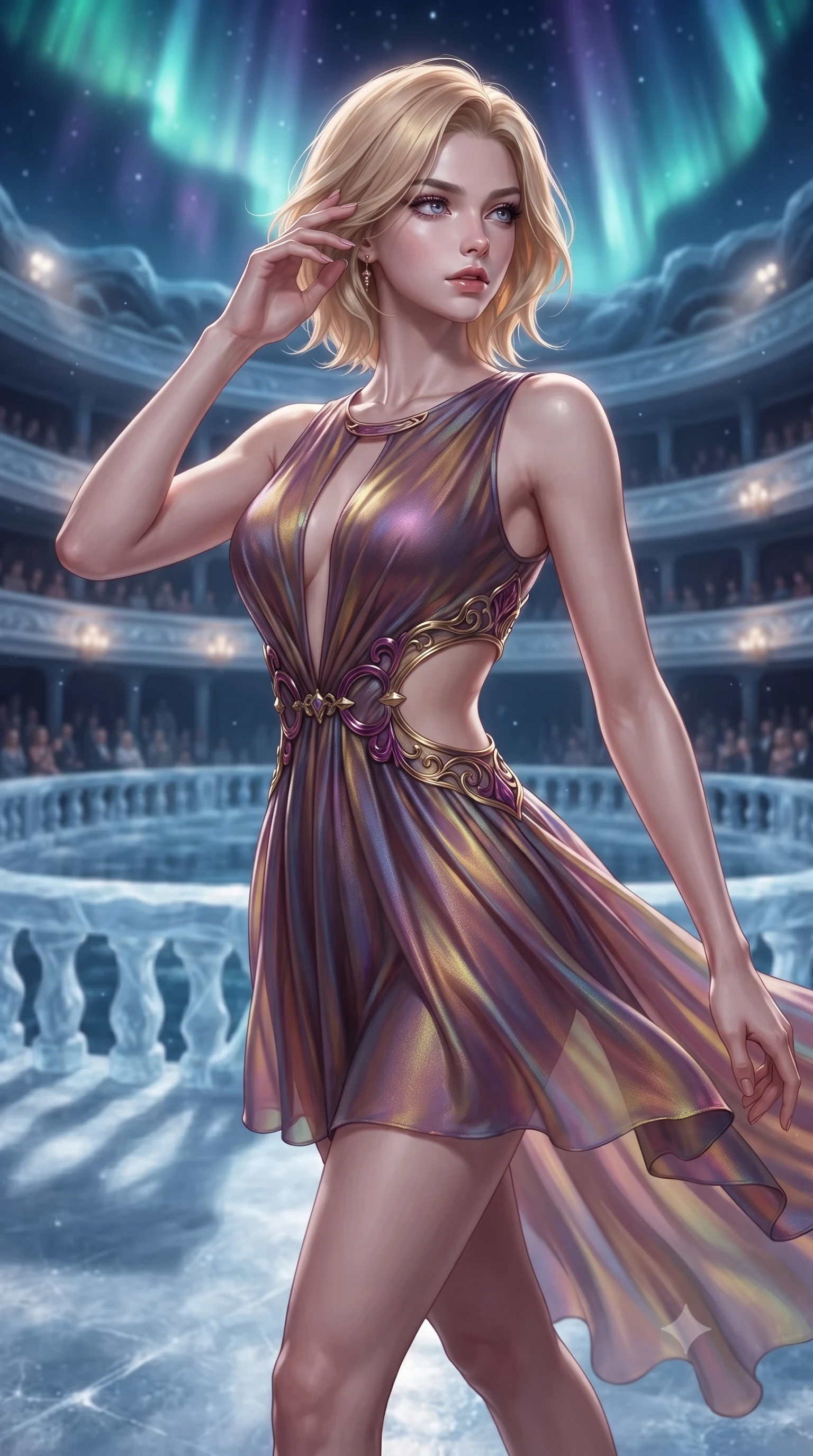 score_9, masterpiece, best quality, ultra-detailed, high-budget anime keyframe, editorial fashion photography, tasteful artistic composition, Caucasian woman. close-up cowboy shot from the waist and thighs up, the character dominates the composition, filling the frame with her large presence, background elements kept in soft focus. Resting her fingers gracefully near her temple, casting a sharp mysterious side-gaze during her stride while standing dynamically on an ice-carved opera balcony under a soaring polar aurora sky, dramatic opera spotlights casting sharp dynamic shadows across the frozen stage. She has an exceptionally elegant, slender, and willowy female figure with an ultra-slim waist, a gracefully sculpted slender torso, and a refined silhouette. sharp v-shaped jawline, high-bridge nose, intricate jewel-like eyes with depth, thick eyelashes, glossy lips with a natural sheen, flawlessly proportioned anatomical accuracy, natural body alignment, perfectly sculpted elegant limbs, clean dynamic posture without body distortion. wearing a dramatic open-waist cutout mini dress framed by sculptural hardware in plum purple and gold filigree, crafted from iridescent chiffon that shifts colors in the light, accented with a Tasteful chest slit framing her clavicle gracefully, the form-contouring material highlighting her ultra-slim waist and long lines. illuminated by dramatic opera key lights with ultra-bright specular highlights. ultra-reflective glossy finish, specular highlights, metallic sheen, high-contrast stereoscopic depth, volumetric dynamic lighting, 2k, ultra detail, master piece, 9:16 ratio