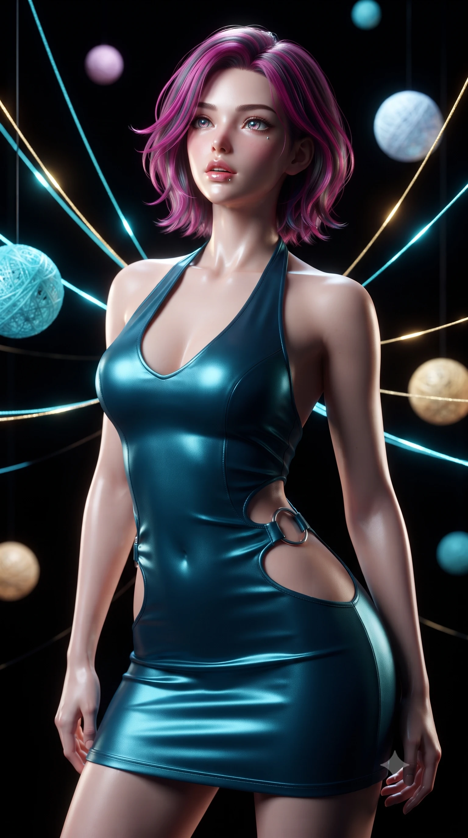 score_9, masterpiece, best quality, ultra-detailed, high-budget anime keyframe, editorial fashion photography, tasteful artistic composition, Caucasian woman. close-up cowboy shot from the waist and thighs up, the character dominates the composition, filling the frame with her large presence, background elements kept in soft focus. Tilting her chin up slightly with lips parted in a magnetic, composed expression resting amidst suspended illuminated yarn spheres glowing with pastel tones, high-contrast black void background making the light threads pop brilliantly. She has an exceptionally elegant, slender, and willowy female figure with an ultra-slim waist, a gracefully sculpted slender torso, and a refined silhouette. sharp v-shaped jawline, high-bridge nose, intricate jewel-like eyes with depth, thick eyelashes, glossy lips with a natural sheen. wearing a deep-scoop halter neck bodycon dress with daring hip cutouts connected by silver rings, the tailored fabric tightly following every curve of her athletic build. illuminated by the brilliant glow of cyan and gold luminescent threads. ultra-reflective glossy finish, specular highlights, metallic sheen, high-contrast stereoscopic depth, volumetric dynamic lighting, 2k, ultra detail, master piece, 9:16 ratio