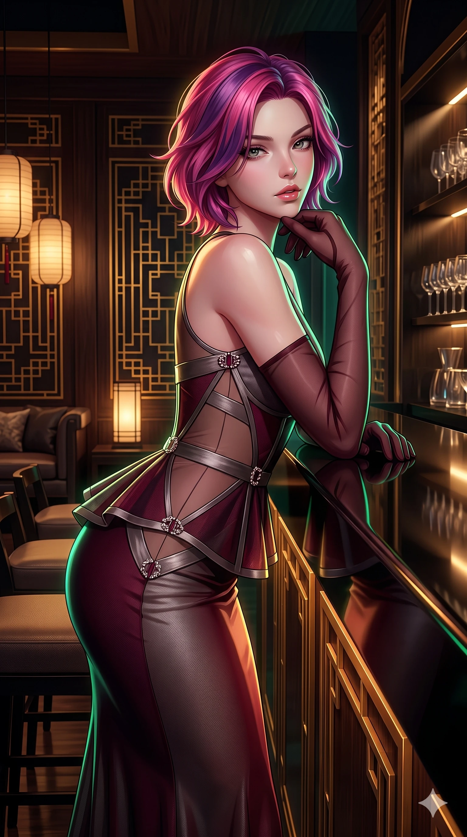 score_9, masterpiece, best quality, ultra-detailed, high-budget anime keyframe, semi-realistic 3D game render, editorial fashion photography, tasteful artistic composition, Caucasian woman. close-up cowboy shot from the waist and thighs up, the character dominates the composition, filling the frame with her large presence. twisting her slender torso in a deep contrapposto stance, hips dramatically shifted to accentuate her feminine curves while looking past her shoulder with smoldering bedroom-eyes while leaning against the mirror-polished black lacquer bar with hips cocked back, resting her chin on one hand while casting an alluring bedroom-gaze into the camera. The surrounding environment is rendered in vivid detail and crisp panoramic clarity: intricate second-skin silk dress tailoring, jeweled clasp hardware, and luxury Oriental modern interior design in razor-sharp precision. She has an exceptionally elegant, slender, and willowy female figure with an ultra-slim waist, flat toned midriff, narrow ribcage, and sculpted feminine hips creating an alluring, slim hourglass silhouette without bulk. sharp v-shaped jawline, high-bridge nose, intricate jewel-like sparkling eyes with depth, thick eyelashes, glossy parted lips with a natural sheen, intensely captivating and seductive bedroom-eyes expression, exuding both youthful cute charm and sovereign luxury allure, flawlessly proportioned anatomical accuracy, strict slender model proportions, natural body alignment, perfectly sculpted long slender limbs, ultra-slim waistline, clean dynamic posture without body distortion. wearing a structural geometric peplum gown with sheer side-ribbon cutouts and form-fitting skirt in deep wine burgundy and brushed dark platinum, woven from fine semi-opaque stretch illusion mesh tracing her slender contours, complemented by sheer opera-length evening gloves tracing her slender arms, the glove-like clinging cut tightly following the natural contour of her hips and long slender legs with youthful 8.5-heads elegance. illuminated by bar surface bounce and sharp emerald-gold rim lights sculpting her razor-sharp jawline, narrow waist, and curvy hips. highly saturated vibrant anime colors, detailed shading with soft gradients, rich glossy textures, high-contrast stereoscopic depth, volumetric dynamic lighting, master piece, 9:16 ratio