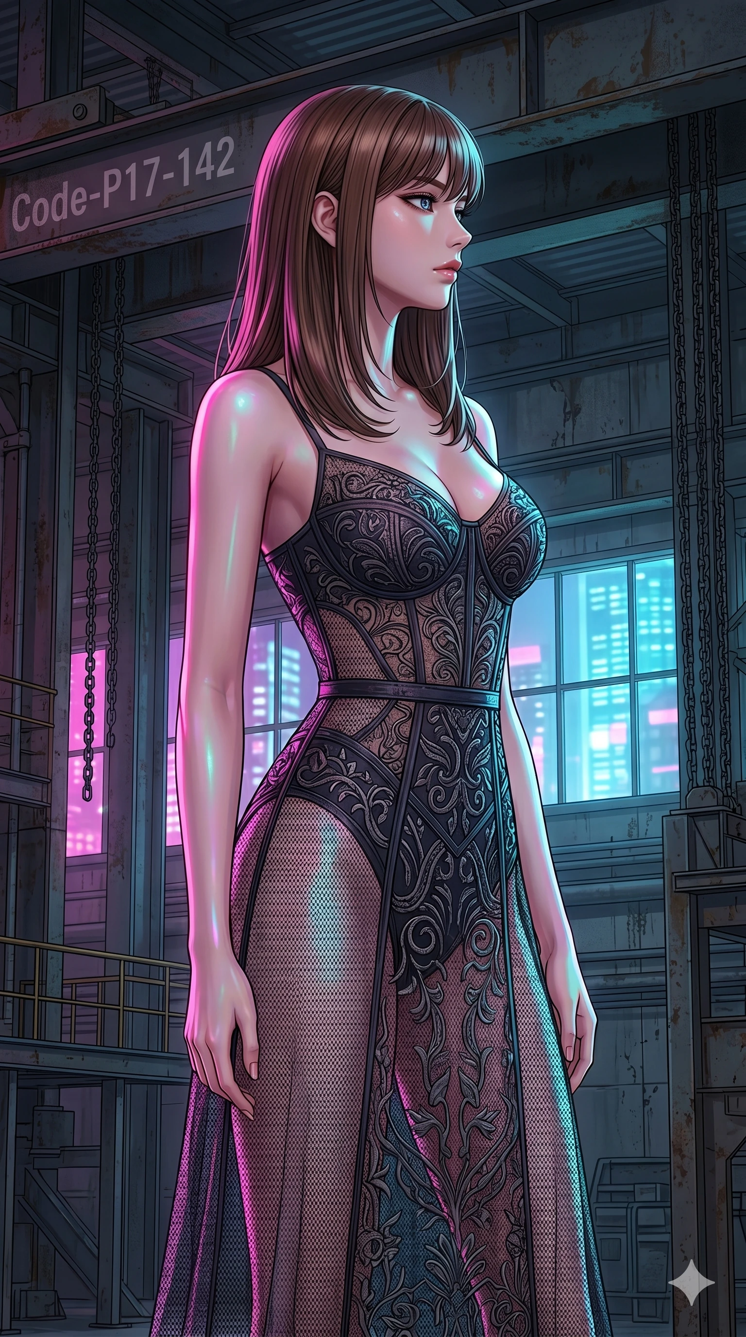 score_9, masterpiece, best quality, ultra-detailed, high-budget anime keyframe, editorial fashion photography, tasteful artistic composition, Korean woman. cowboy shot from the thighs up, character and outfit filling the frame for maximum editorial presence. standing proud, her face turned in sharp profile, casting a mysterious gaze inside an industrial warehouse with steel beams (Code-P17-142). She has an absolutely perfect 8-heads proportion, an exceptionally tall and slender female figure with impossibly long slender legs and an ultra-slim waist. V-shaped jawline, high-bridge nose, intricate jewel-like eyes with depth, thick eyelashes, glossy lips with a natural sheen. wearing a dark patterned embroidery structured bodice over a translucent mesh slip dress. vibrant magenta and cyan city lights casting colorful specular highlights on her skin. 2k, ultra detail, master piece, 9:16 ratio