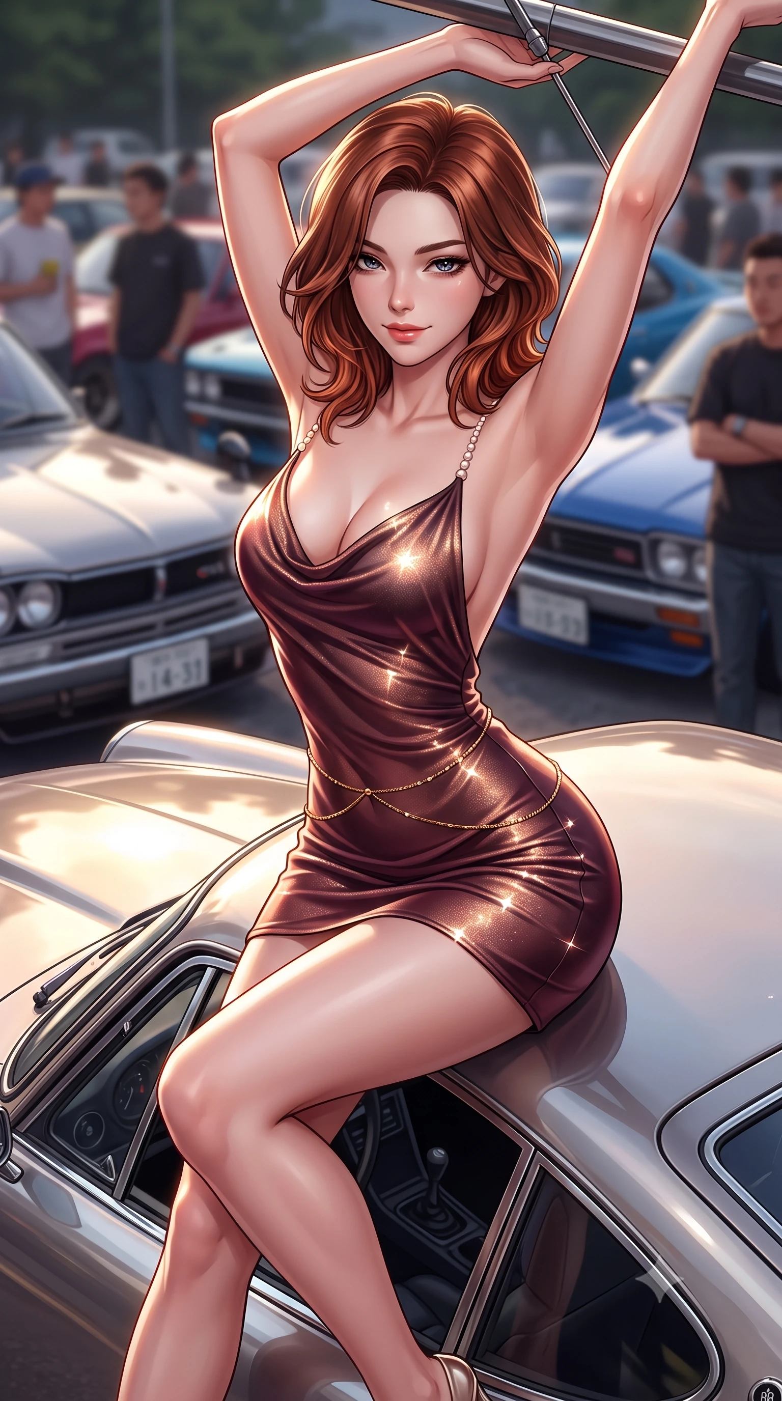 score_9, masterpiece, best quality, ultra-detailed, high-budget anime keyframe, semi-realistic 3D game render, editorial fashion photography, tasteful artistic composition, Korean woman. close-up cowboy shot from the waist and thighs up, the character dominates the composition, filling the frame with her large presence. leaning forward while arching her lower back to accentuate her curvy hips, looking into the camera with an intoxicating smoldering gaze and bedroom-eyes while sitting perched on the car roof with legs crossed and arms raised to stretch her statuesque 8.5-heads silhouette with sovereign cool. The background shows a soft-focus gathering car enthusiasts softened in legendary Japanese automotive shallow focus. She has an exceptionally elegant, slender, and willowy female figure with an ultra-slim waist, flat toned midriff, narrow ribcage, and sculpted feminine hips creating an alluring, slim hourglass silhouette without bulk. sharp v-shaped jawline, high-bridge nose, sparkling eyes with hypnotic seductive depth, thick curled eyelashes, glossy parted lips with a natural dewy peach sheen, alluring bedroom-eyes with an enchanting coquettish smile, exuding magnetic siren charisma and sophisticated glamour, flawlessly proportioned anatomical accuracy, strict slender model proportions, natural body alignment, perfectly sculpted long slender limbs, ultra-slim waistline, clean dynamic posture without body distortion. wearing a low-cut draped cowl-back satin slip mini dress with dainty pearl spaghetti straps in smoky bordeaux wine and gilded bronze, woven from stretch metallic lurex jersey casting radiant starlight glints across her silhouette, finished with a dainty gold belly chain resting across her flat midriff and curving hips, the second-skin tailored fabric adhering flawlessly to her sculpted flat midriff and slender torso, emphasizing her long leg lines and perfectly proportioned willowy build. illuminated by car hood specular bounce and sharp platinum rim lights sculpting her razor-sharp jawline, flat midriff, and curvaceous hips. highly saturated vibrant anime colors, detailed shading with soft gradients, rich glossy textures, high-contrast stereoscopic depth, volumetric dynamic lighting, master piece, 9:16 ratio