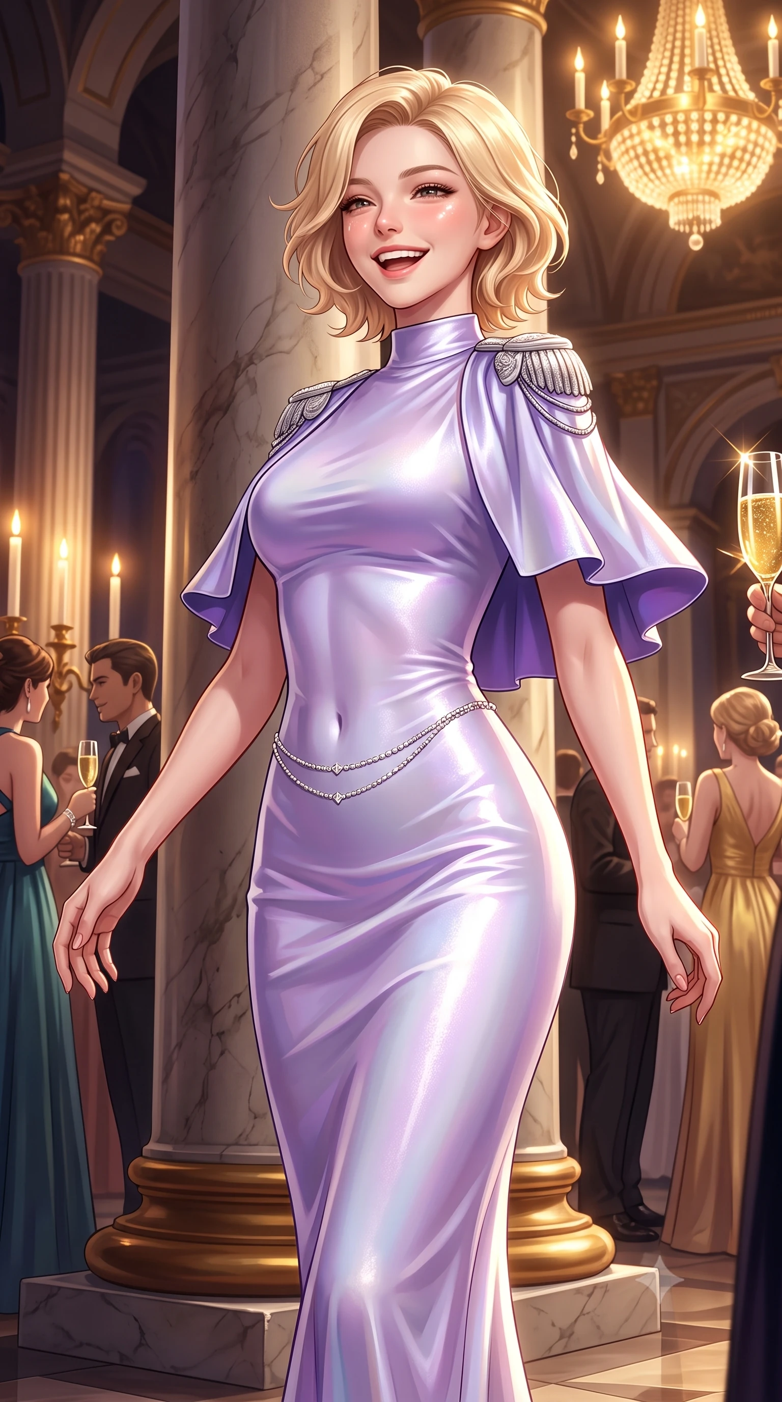score_9, masterpiece, best quality, ultra-detailed, high-budget anime keyframe, semi-realistic 3D game render, editorial fashion photography, tasteful artistic composition, Caucasian woman. close-up cowboy shot from the waist and thighs up, the character dominates the composition, filling the frame with her large presence. laughing softly with genuine, enchanting warmth, eyes crinkling sweetly as specular highlights illuminate her cheeks while pivoting dynamically beside colossal marble columns as golden champagne toasts catch dazzling light highlights. The surrounding environment is rendered in vivid detail and crisp panoramic clarity. rich high-contrast gala chiaroscuro and monumental imperial palace grandeur captured with environmental sharpness. She has an exceptionally elegant, slender, and willowy female figure with an ultra-slim waist, a gracefully sculpted slender torso, toned flat midriff, and a refined slim silhouette. sharp v-shaped jawline, high-bridge nose, intricate jewel-like eyes with depth, thick eyelashes, glossy lips with a natural sheen, captivating and magnetic expression, flawlessly proportioned anatomical accuracy, strict slender model proportions, natural body alignment, perfectly sculpted long slender limbs, ultra-slim waistline, clean dynamic posture without body distortion. wearing a modern royal capelet gown with platinum shoulder epaulets and a slender column skirt in pearlescent opal with soft violet luster, crafted from heavyweight crushed silk velvet with liquid luster, accented with a dainty diamond waist chain framing her slender silhouette, the form-contouring material adhering flawlessly to her sculpted flat midriff and slender torso, emphasizing her long leg lines and perfectly proportioned willowy build. bathed in warm glowing candlelight and radiant gold chandelier downlights. highly saturated vibrant anime colors, detailed shading with soft gradients, rich glossy textures, high-contrast stereoscopic depth, volumetric dynamic lighting, master piece, 9:16 ratio